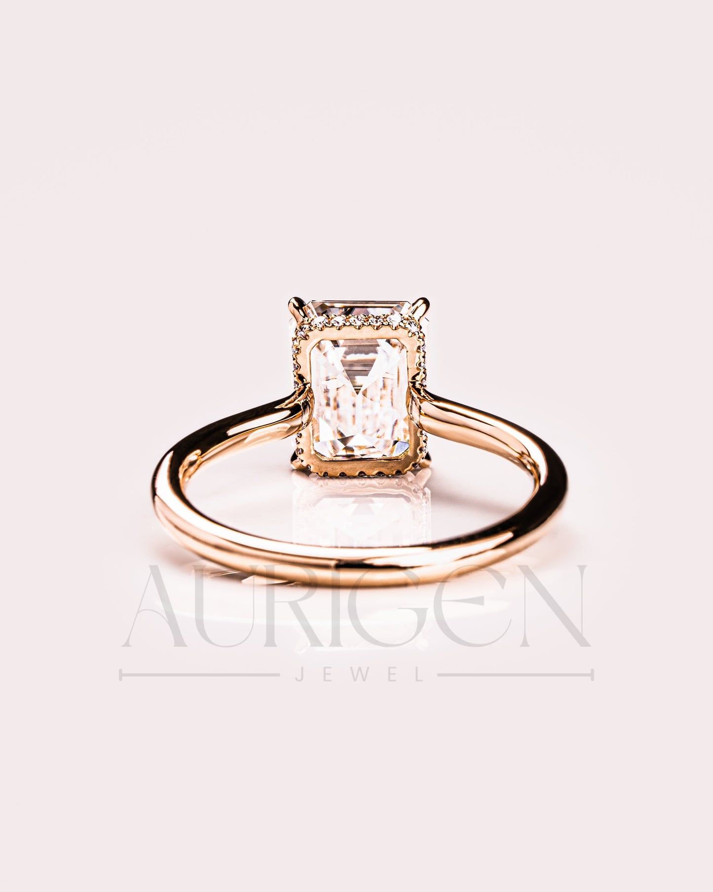 Emerald Cut Solitaire Engagement Ring Halo Moissanite and Leb Diamond 14K White Gold