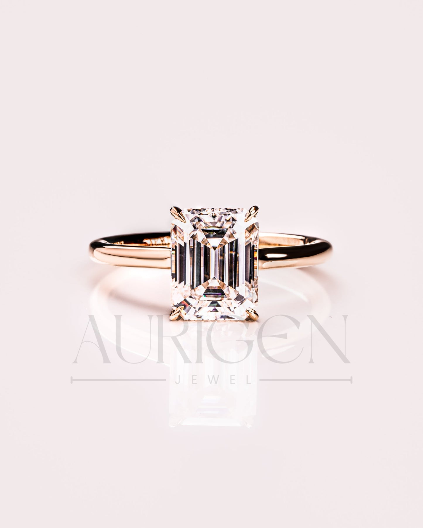 Emerald Cut Solitaire Engagement Ring Halo Moissanite and Leb Diamond 14K White Gold
