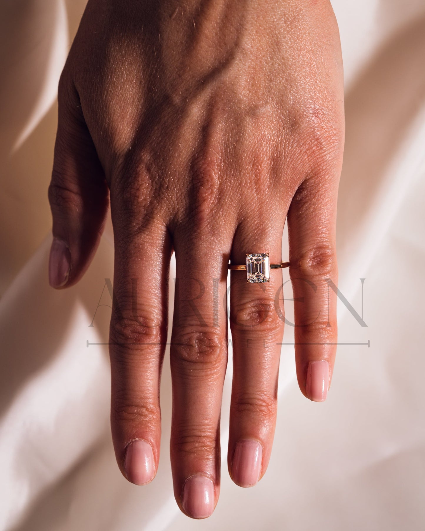 Emerald Cut Solitaire Engagement Ring Halo Moissanite and Leb Diamond 14K White Gold