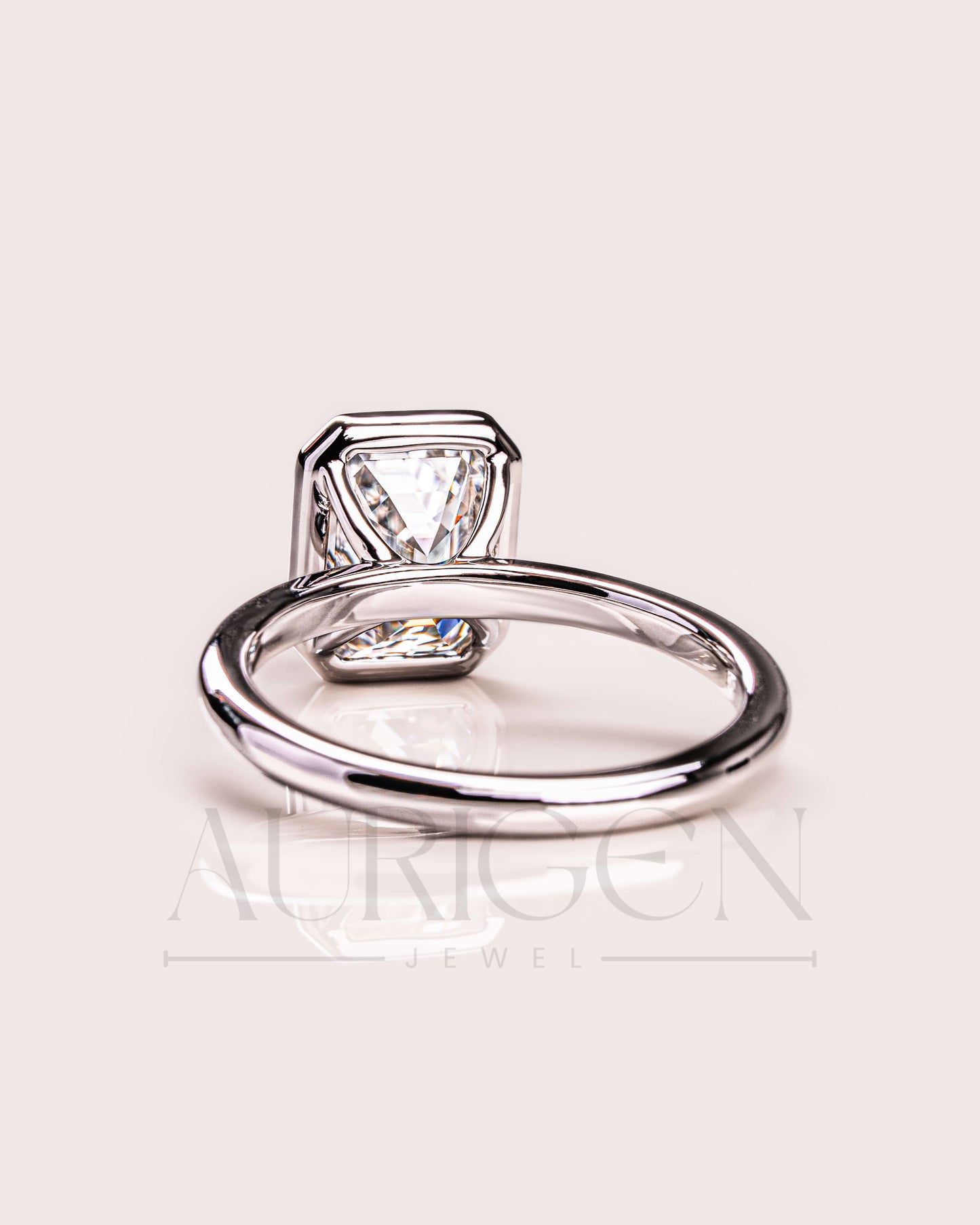Bezel Setting Minimalist Emerald Cut Diamond Ring 14K White Gold Solitaire Ring