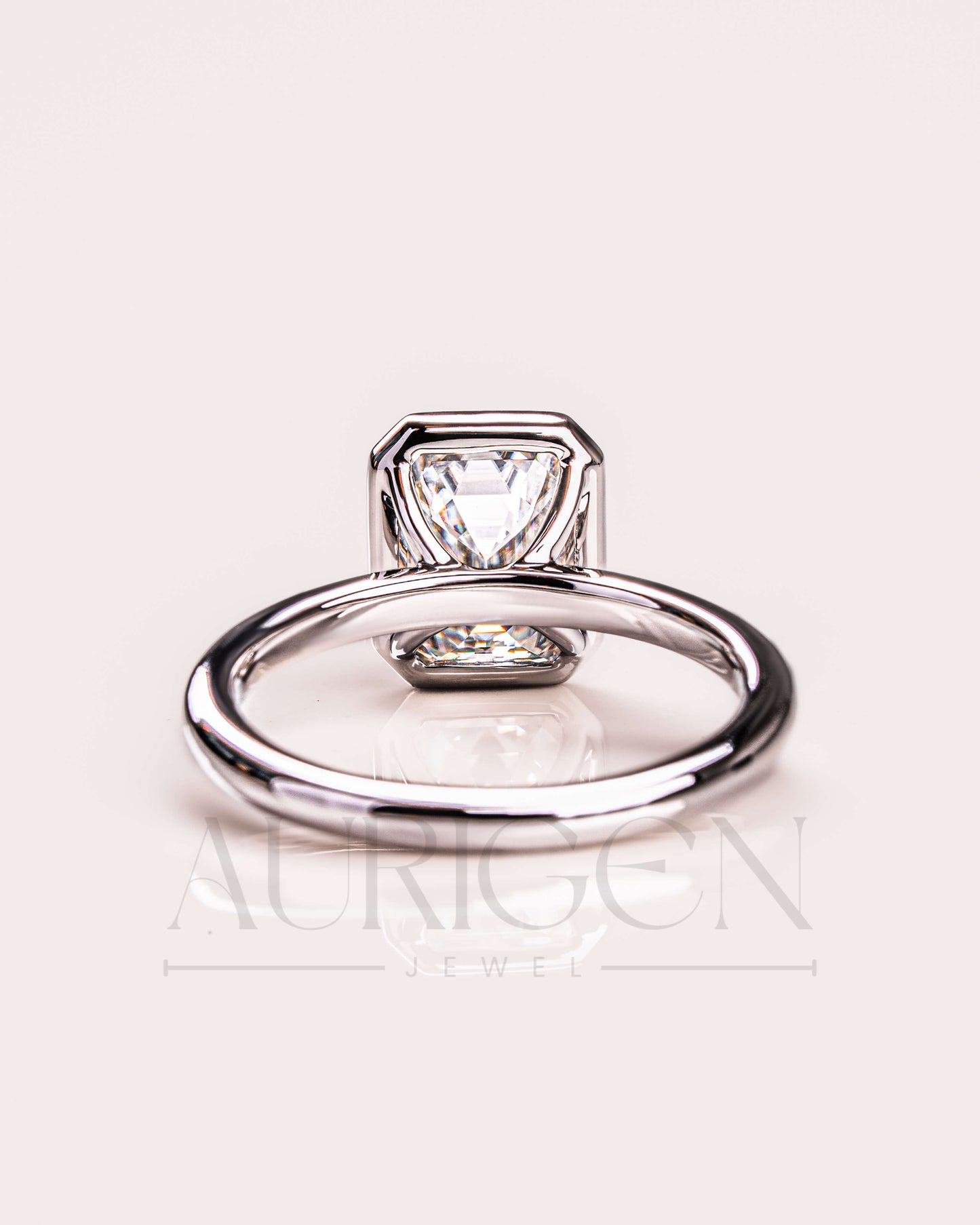 Bezel Setting Minimalist Emerald Cut Diamond Ring 14K White Gold Solitaire Ring