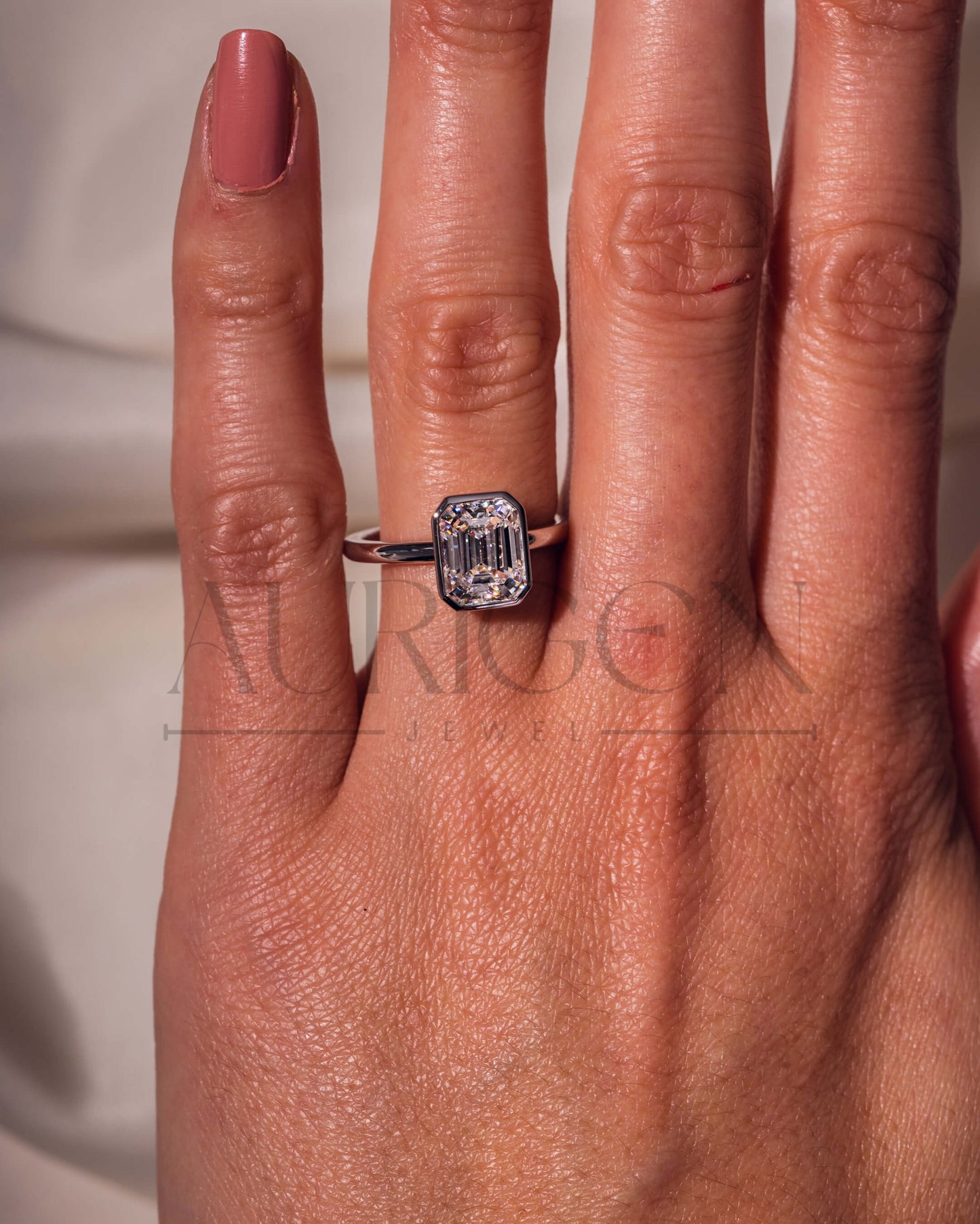 Bezel Setting Minimalist Emerald Cut Diamond Ring 14K White Gold Solitaire Ring