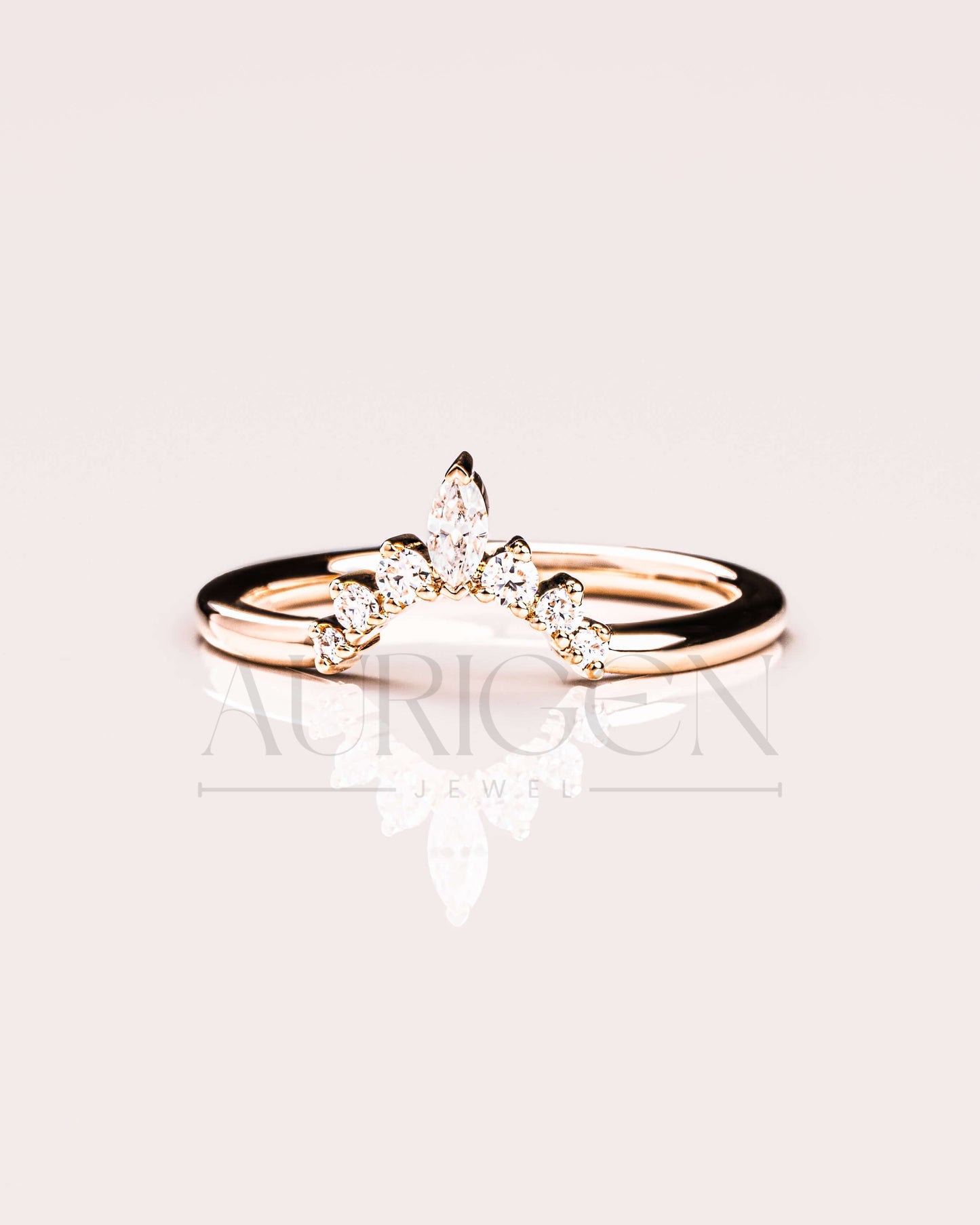 14K Solid Gold Chevron Wedding Band with Marquise & Round Moissanite and Leb Diamond