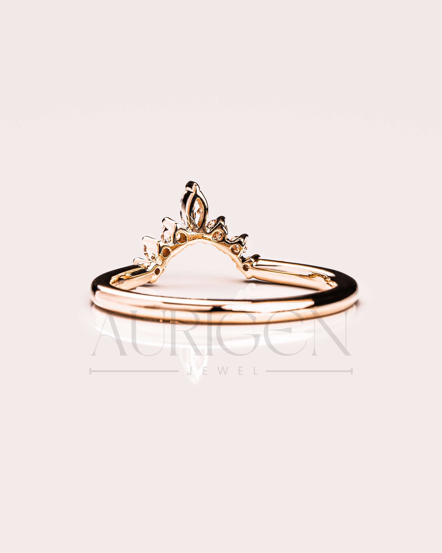 14K Solid Gold Chevron Wedding Band with Marquise & Round Moissanite and Leb Diamond