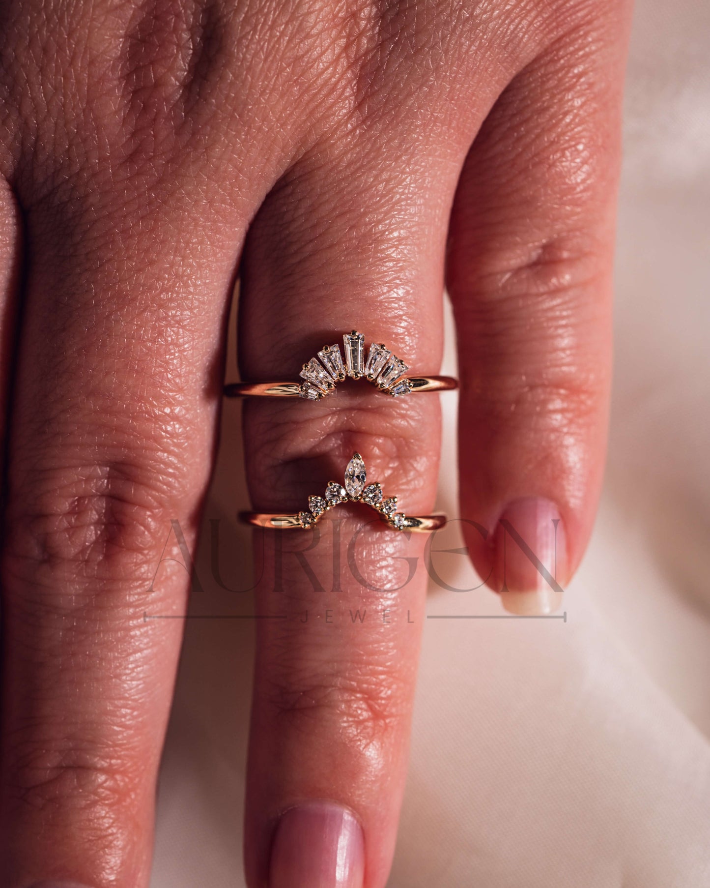 14K Solid Gold Chevron Wedding Band with Marquise & Round Moissanite and Leb Diamond