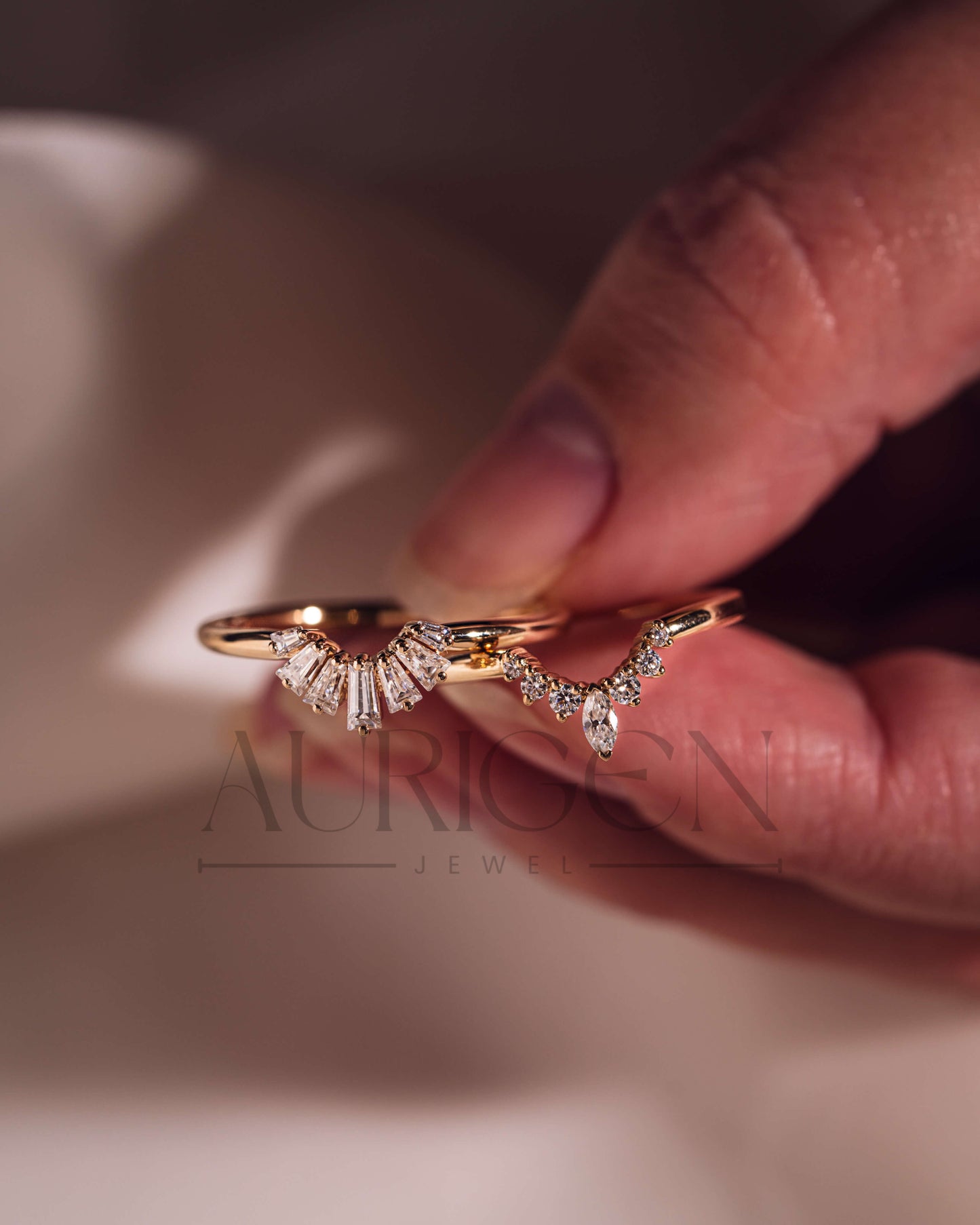 14K Solid Gold Chevron Wedding Band with Marquise & Round Moissanite and Leb Diamond