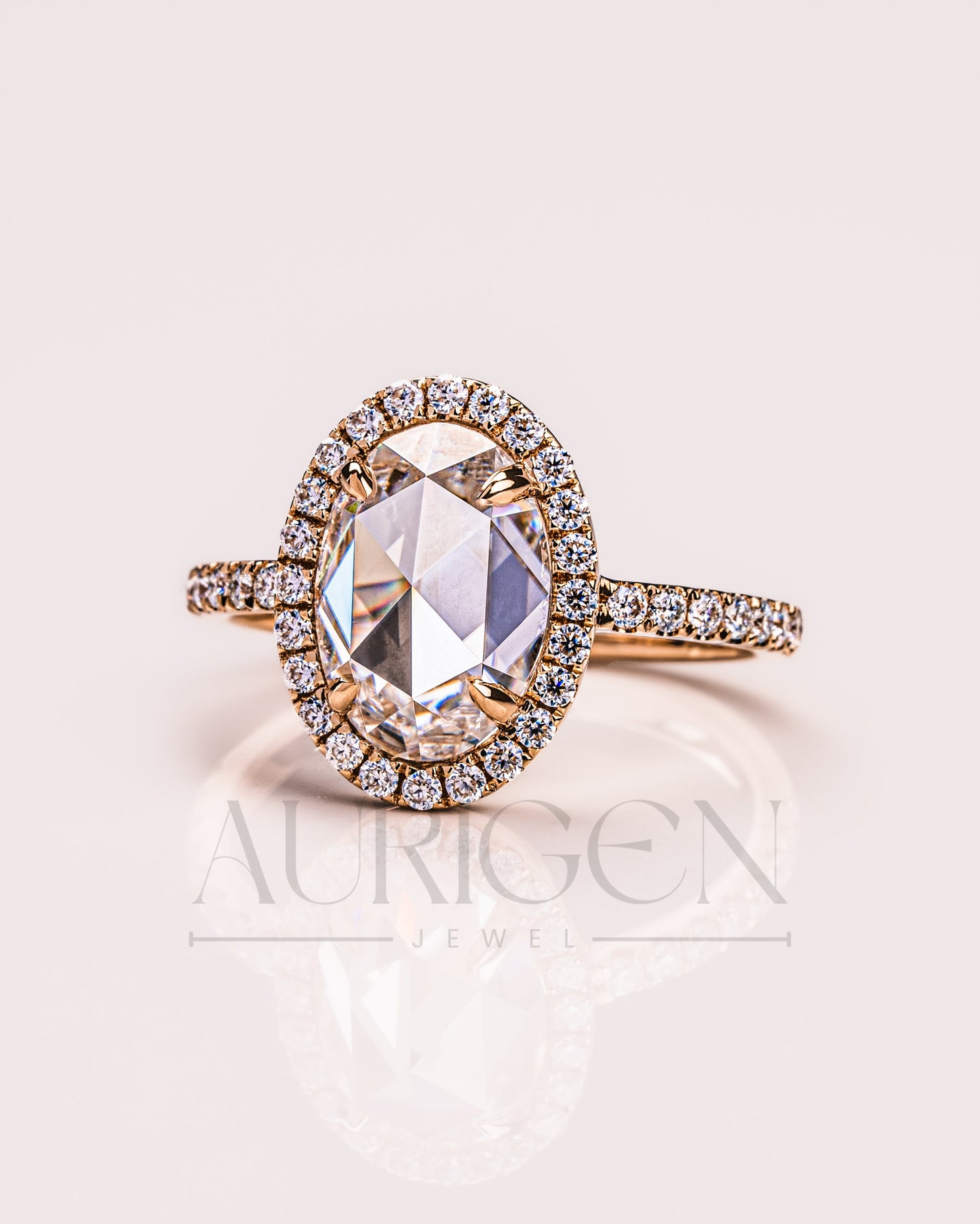 Elegant Oval Cut Moissanite and Lab Grown Diamond Ring With Halo and Pave Setting