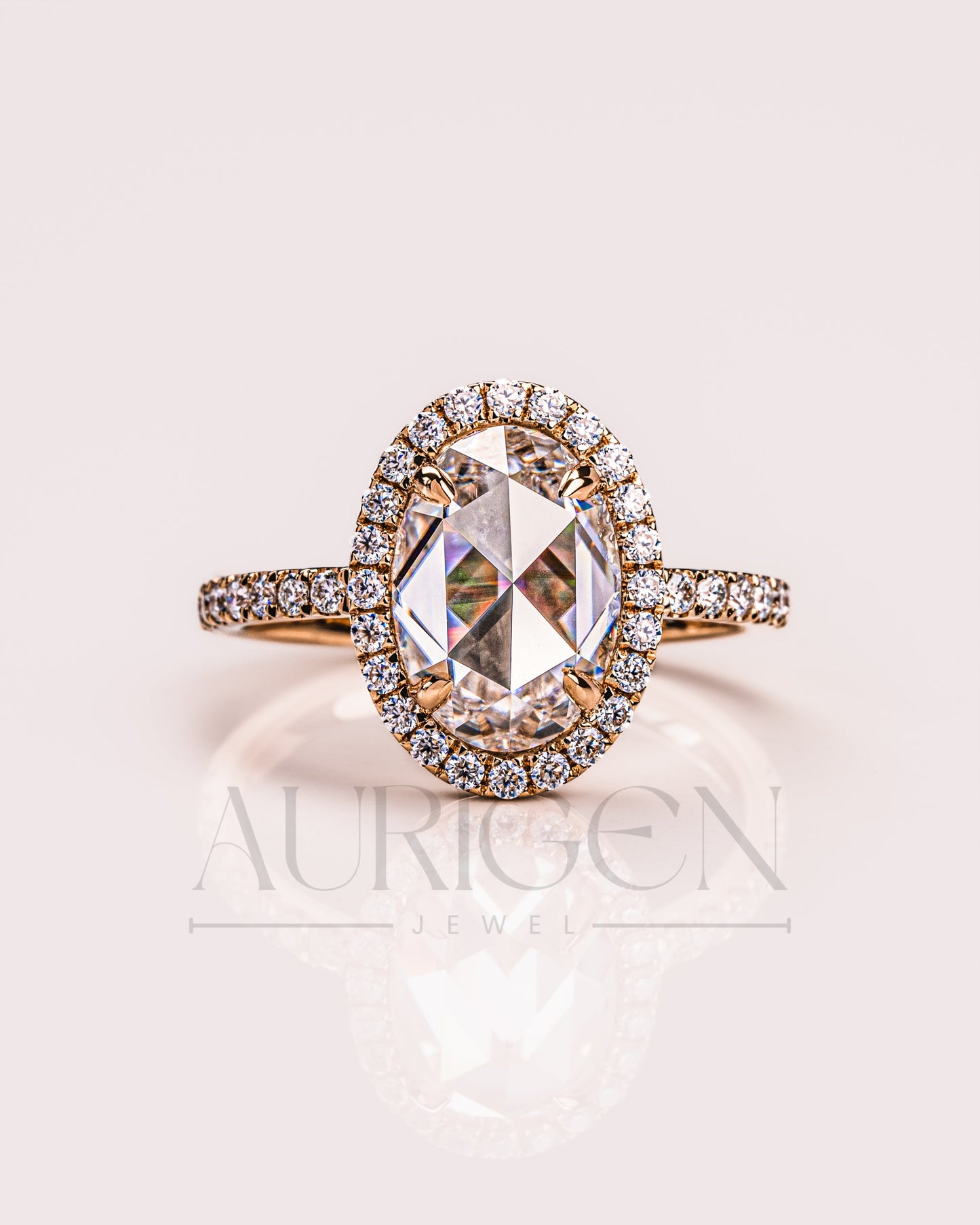 Elegant Oval Cut Moissanite and Lab Grown Diamond Ring With Halo and Pave Setting