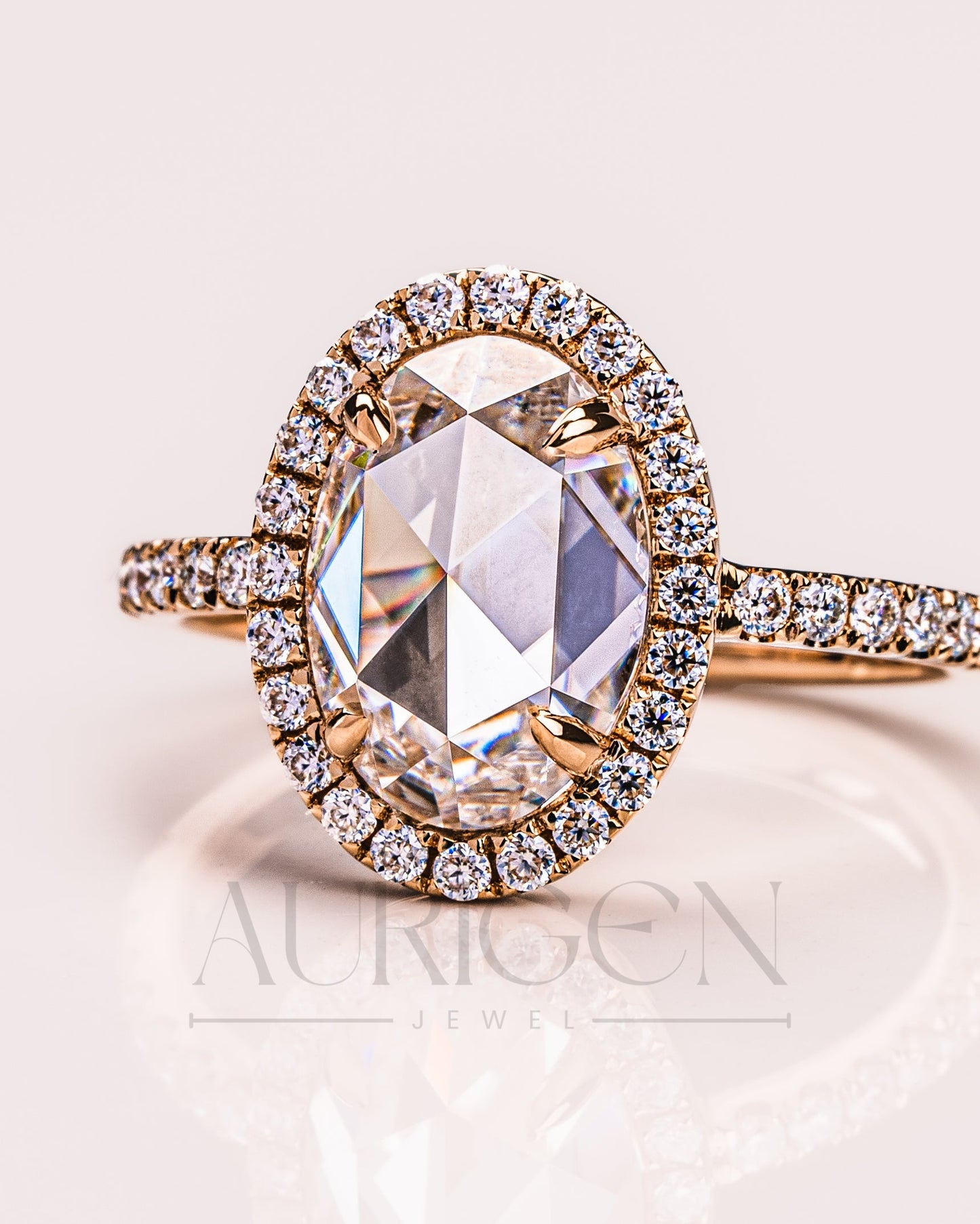 Elegant Oval Cut Moissanite and Lab Grown Diamond Ring With Halo and Pave Setting