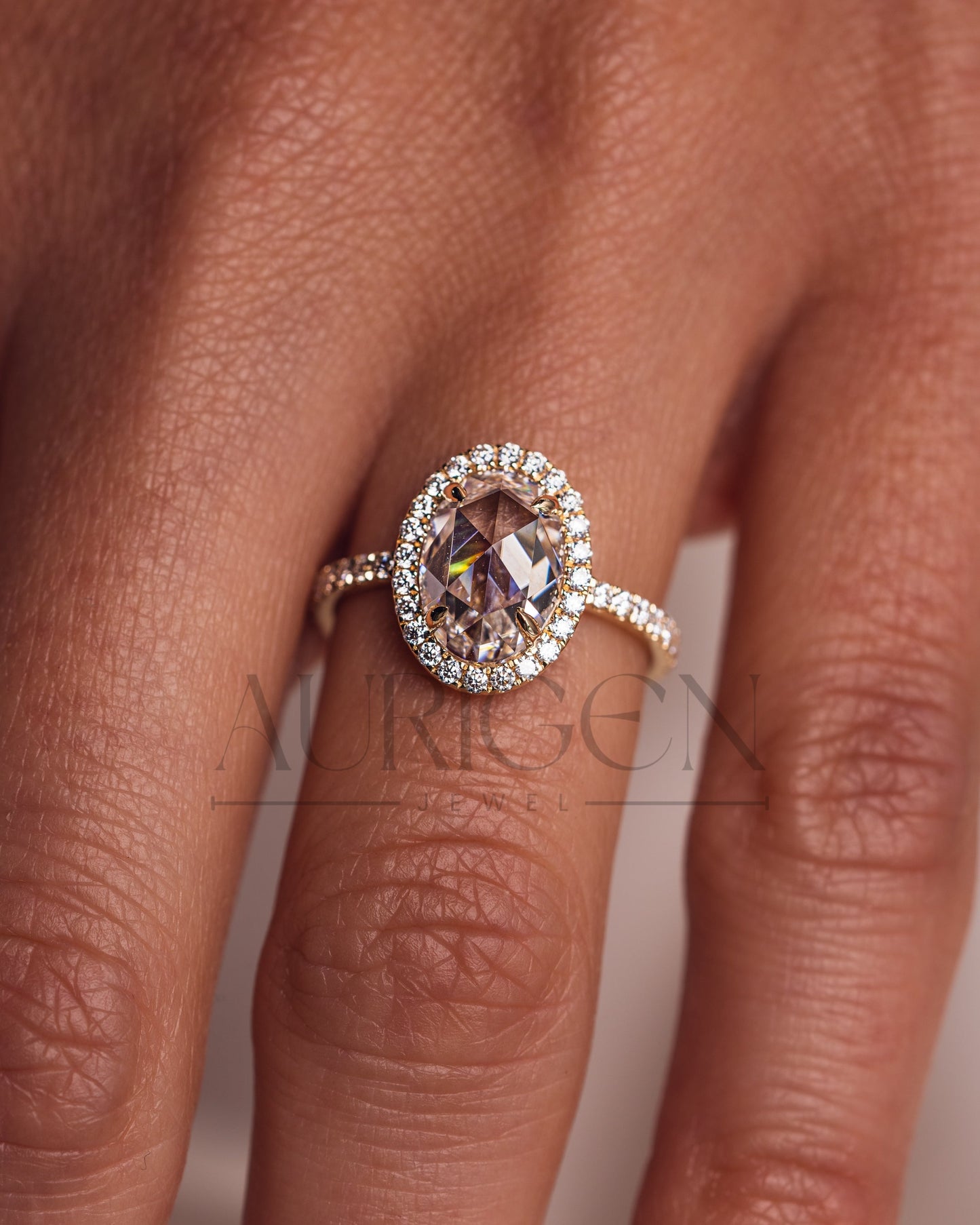 Elegant Oval Cut Moissanite and Lab Grown Diamond Ring With Halo and Pave Setting