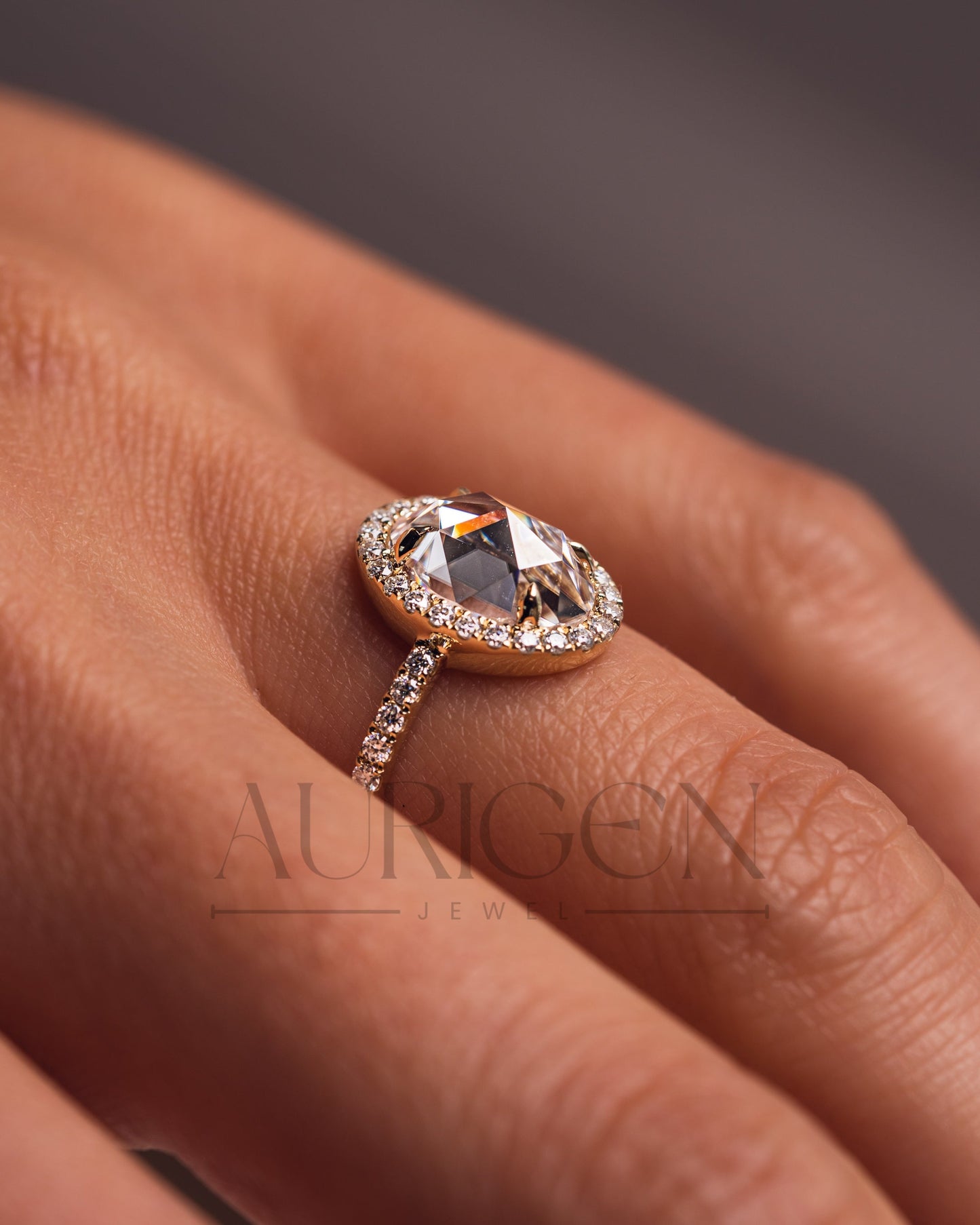 Elegant Oval Cut Moissanite and Lab Grown Diamond Ring With Halo and Pave Setting