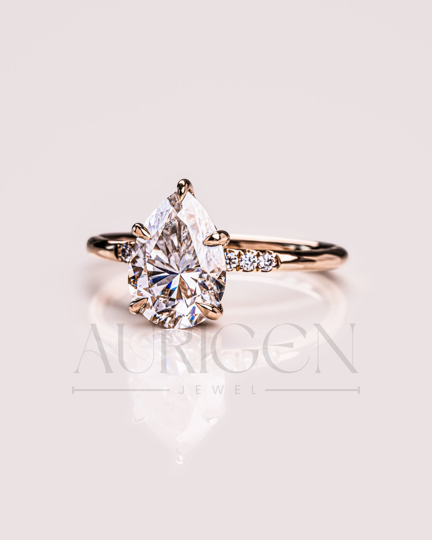 2.5 Ct Pear 5-Prong Moissanite and Leb Diamond Ring Hidden Halo With Side Diamond Ring