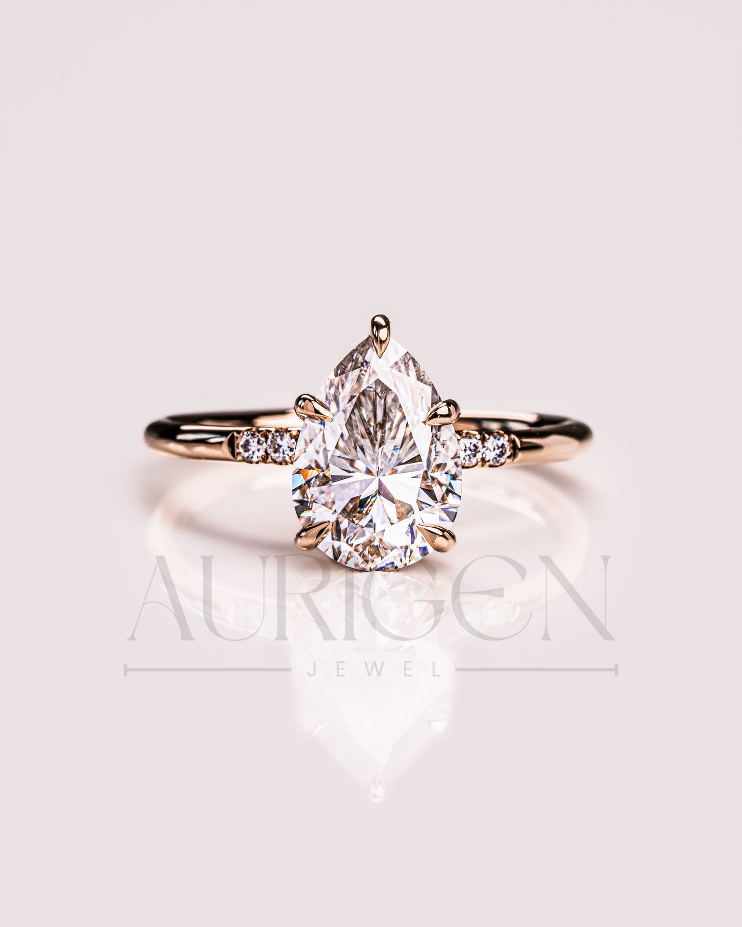 2.5 Ct Pear 5-Prong Moissanite and Leb Diamond Ring Hidden Halo With Side Diamond Ring