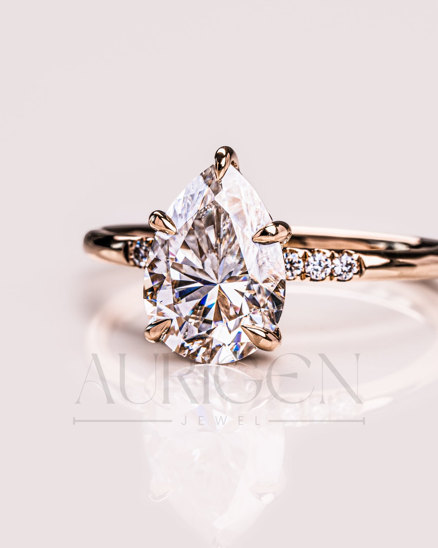 2.5 Ct Pear 5-Prong Moissanite and Leb Diamond Ring Hidden Halo With Side Diamond Ring