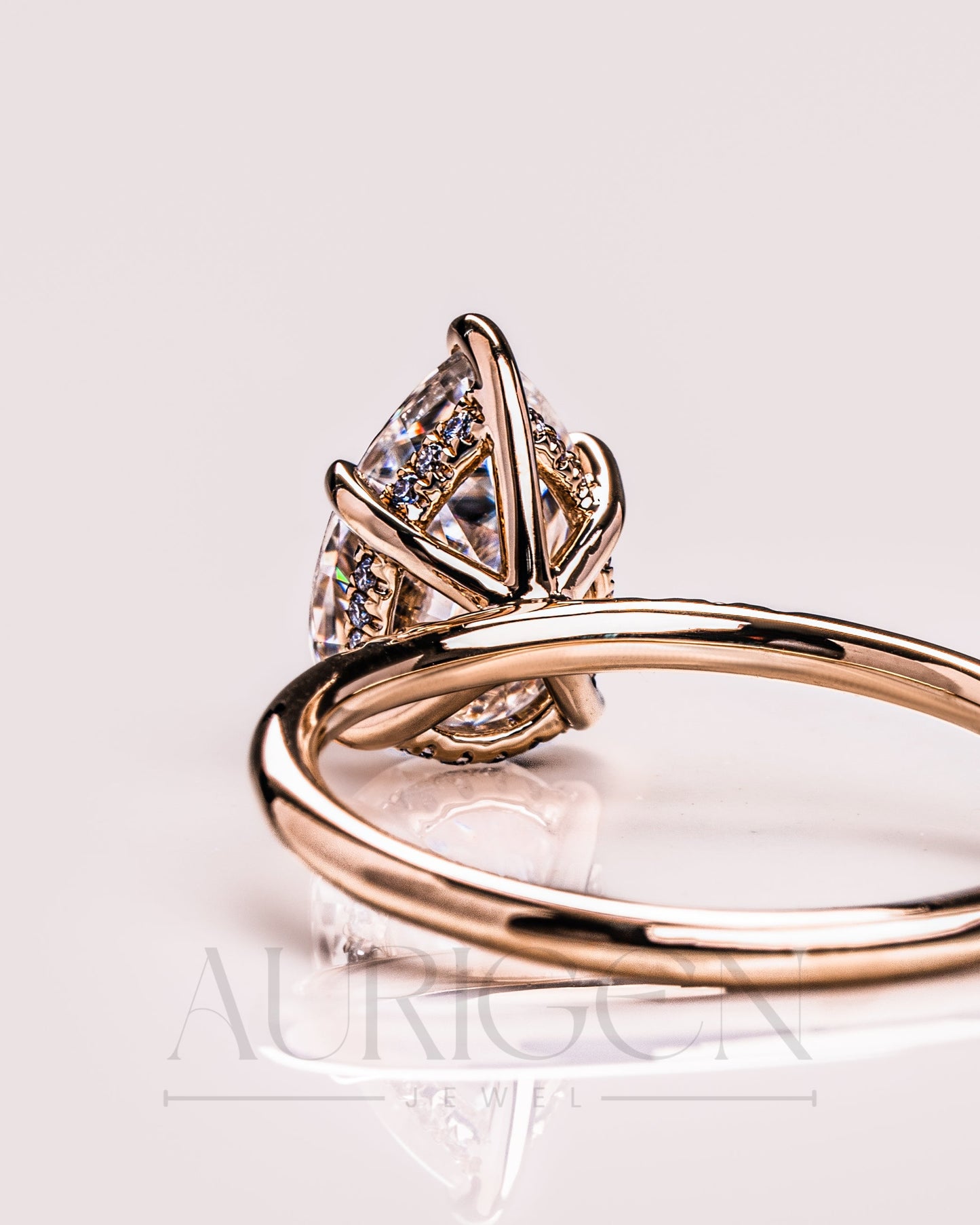 2.5 Ct Pear 5-Prong Moissanite and Leb Diamond Ring Hidden Halo With Side Diamond Ring