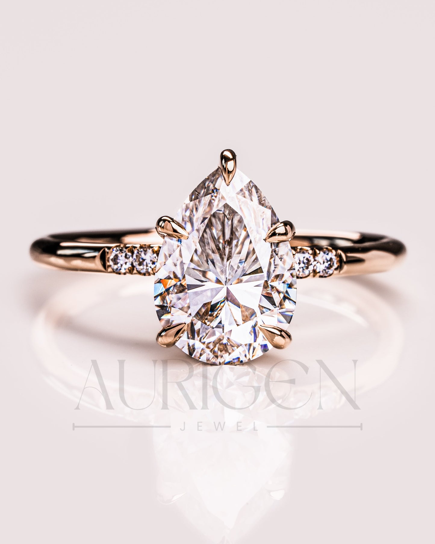 2.5 Ct Pear 5-Prong Moissanite and Leb Diamond Ring Hidden Halo With Side Diamond Ring