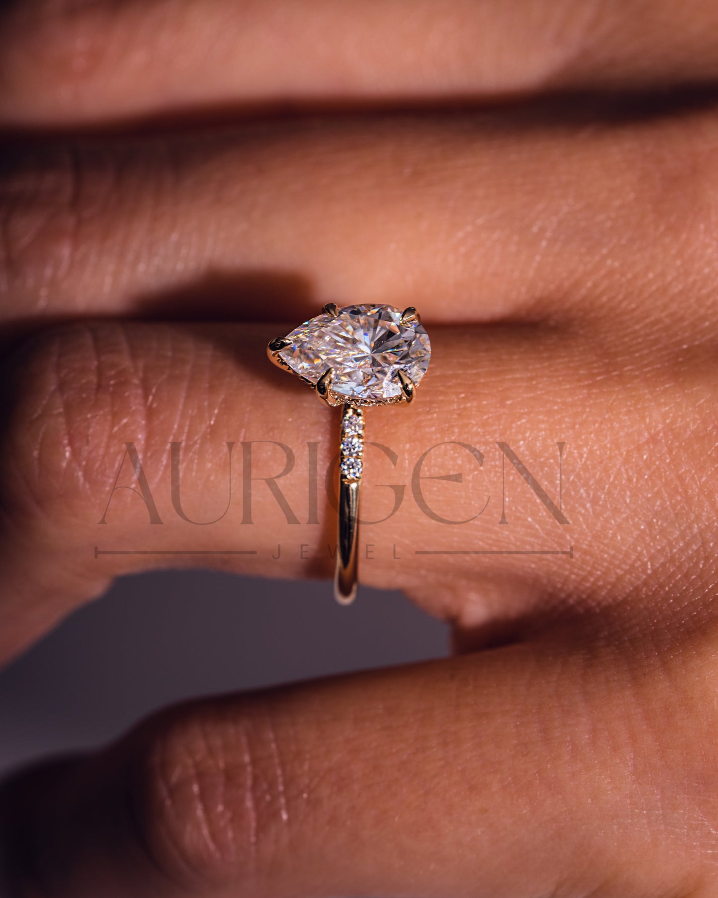 2.5 Ct Pear 5-Prong Moissanite and Leb Diamond Ring Hidden Halo With Side Diamond Ring