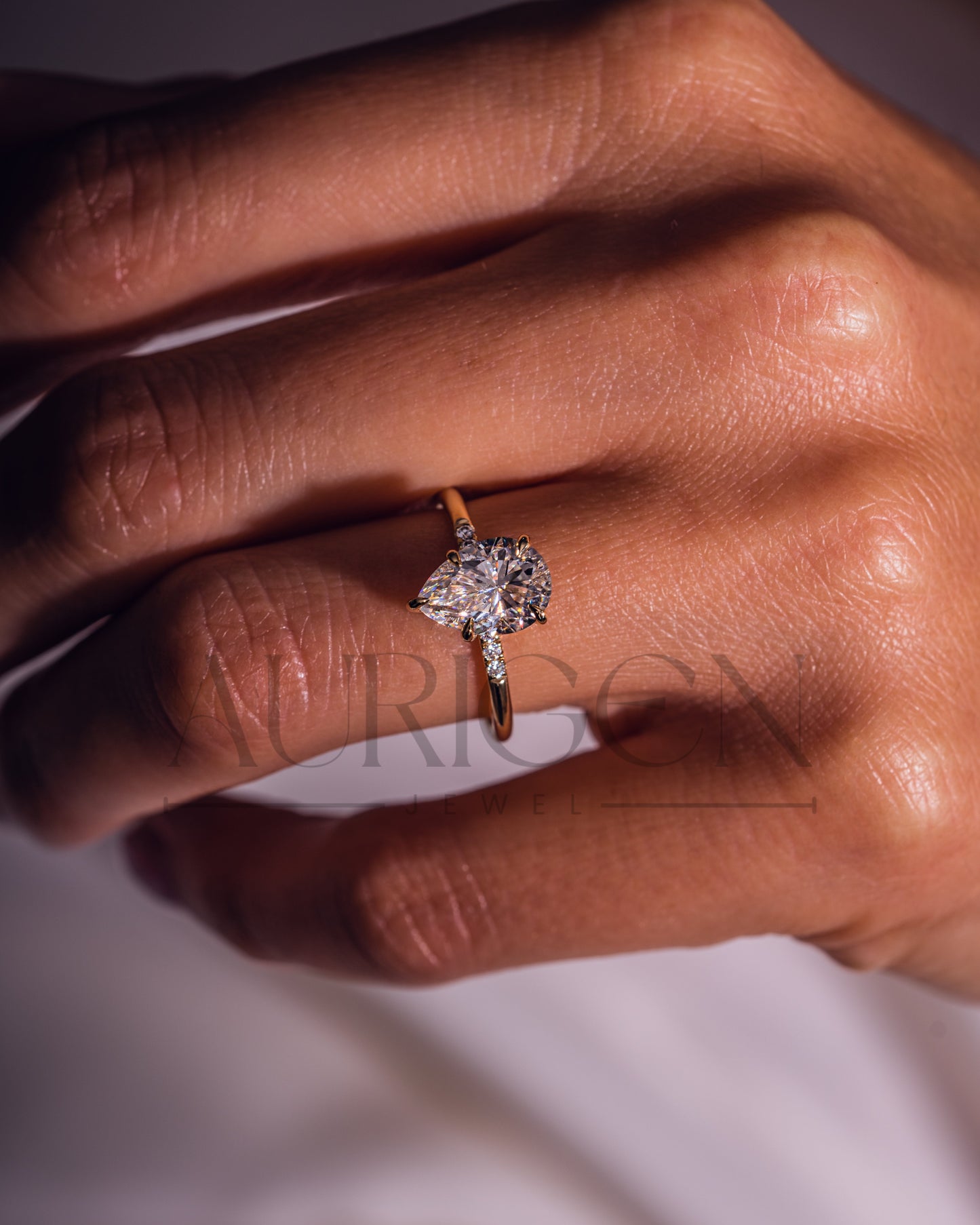 2.5 Ct Pear 5-Prong Moissanite and Leb Diamond Ring Hidden Halo With Side Diamond Ring
