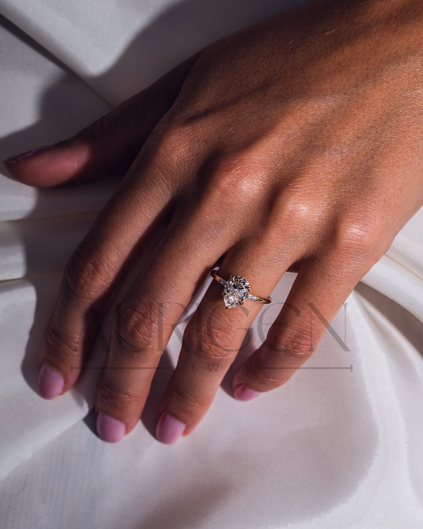 2.5 Ct Pear 5-Prong Moissanite and Leb Diamond Ring Hidden Halo With Side Diamond Ring