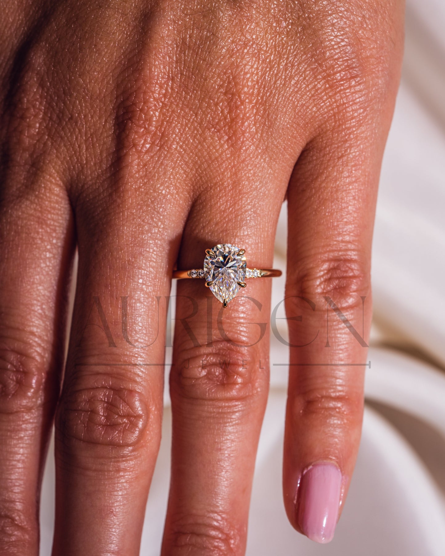 2.5 Ct Pear 5-Prong Moissanite and Leb Diamond Ring Hidden Halo With Side Diamond Ring