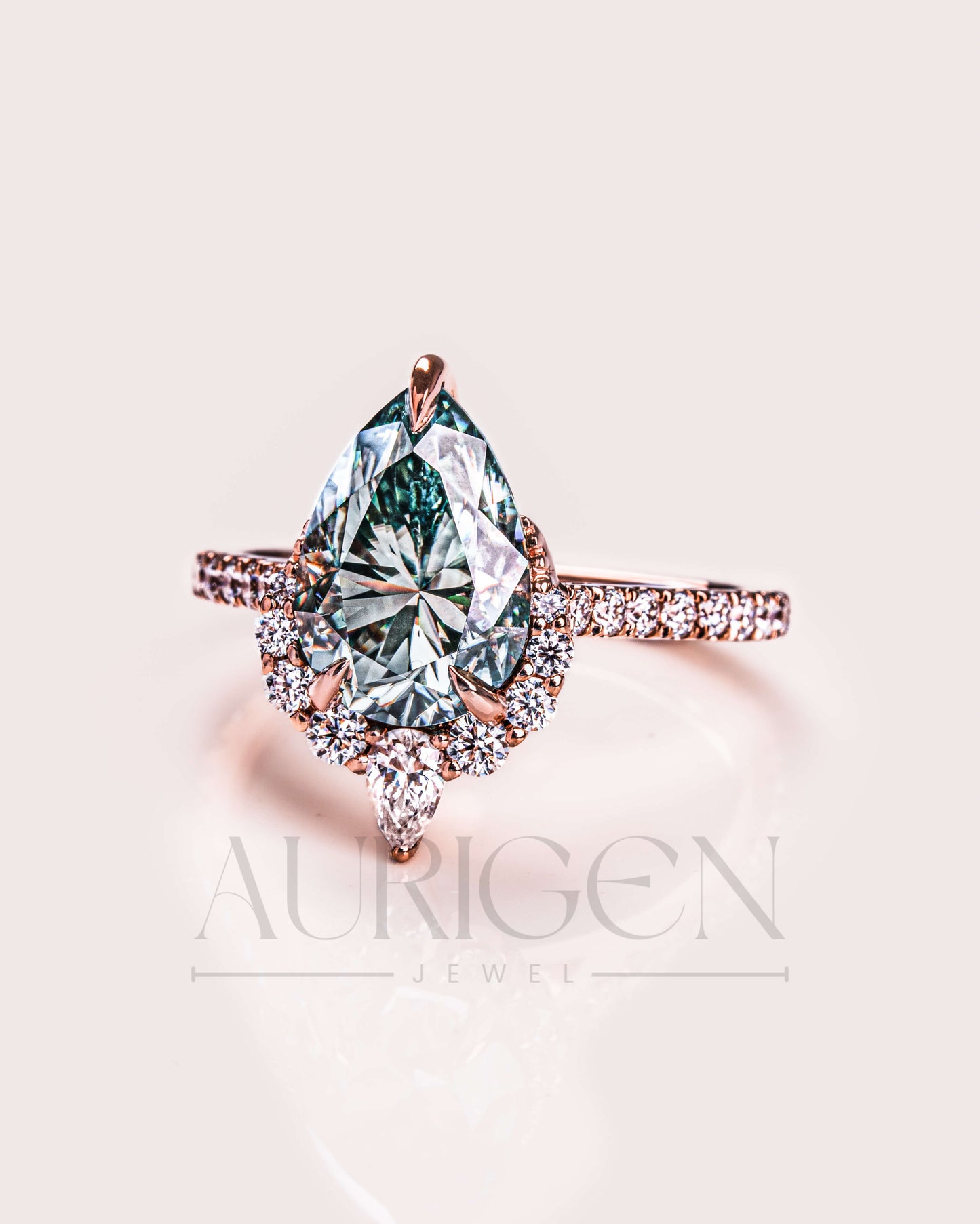 Moissanite & Lab Grown Diamond Green Pear Cut Engagement Ring With Halo and Pave