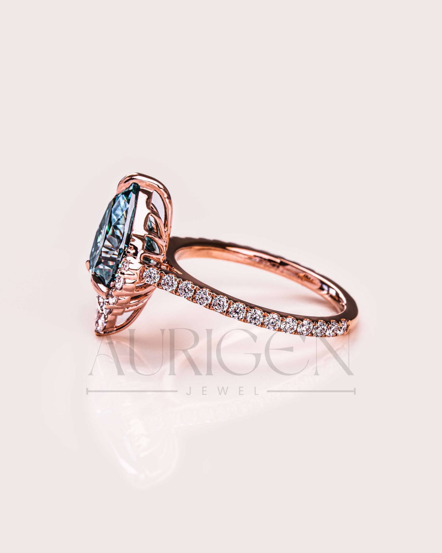 Moissanite & Lab Grown Diamond Green Pear Cut Engagement Ring With Halo and Pave