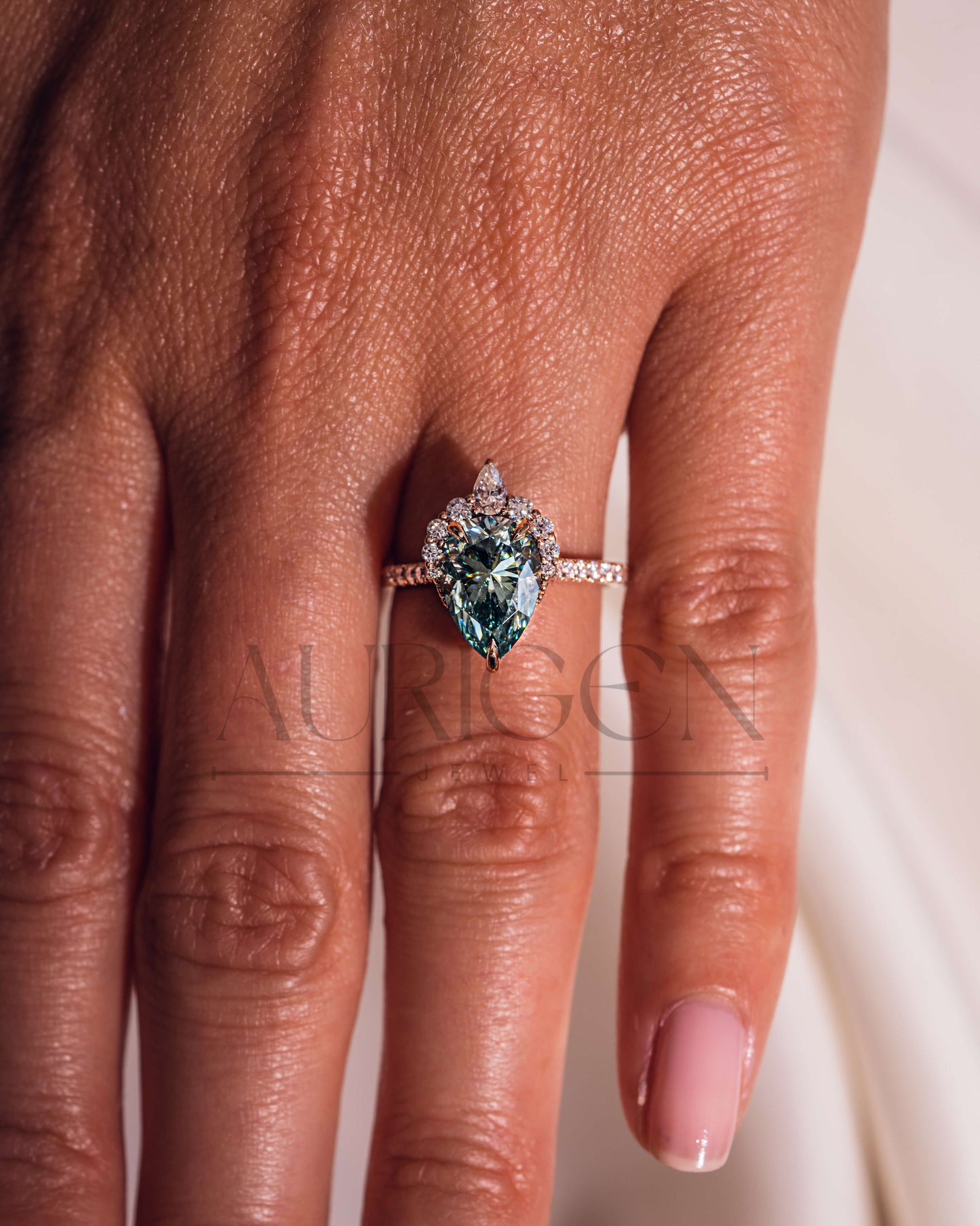 Moissanite & Lab Grown Diamond Green Pear Cut Engagement Ring With Halo and Pave