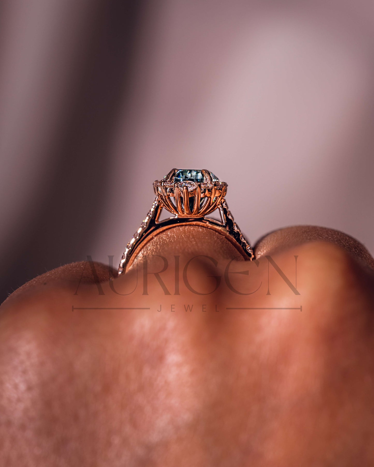 Moissanite & Lab Grown Diamond Green Pear Cut Engagement Ring With Halo and Pave