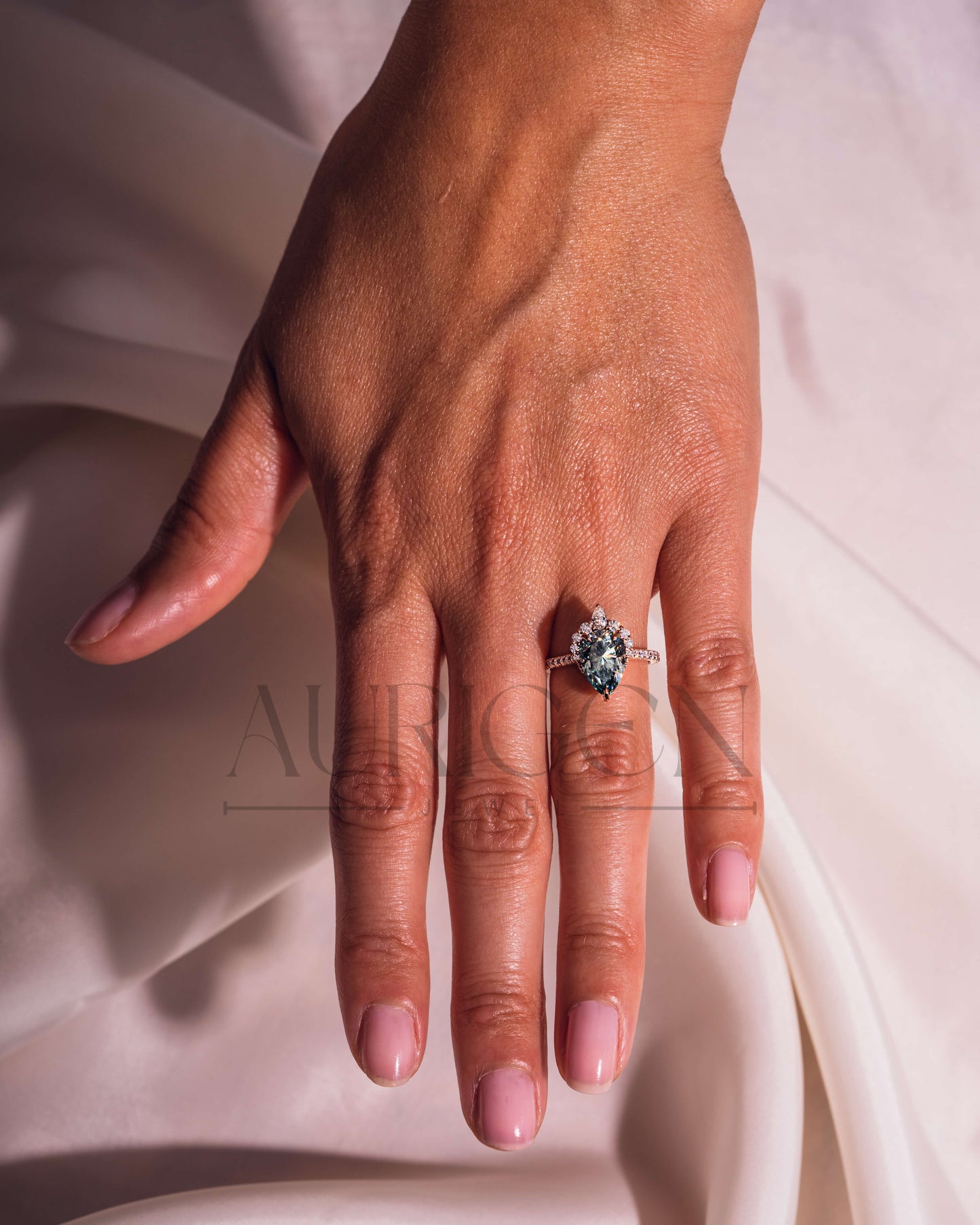 Moissanite & Lab Grown Diamond Green Pear Cut Engagement Ring With Halo and Pave