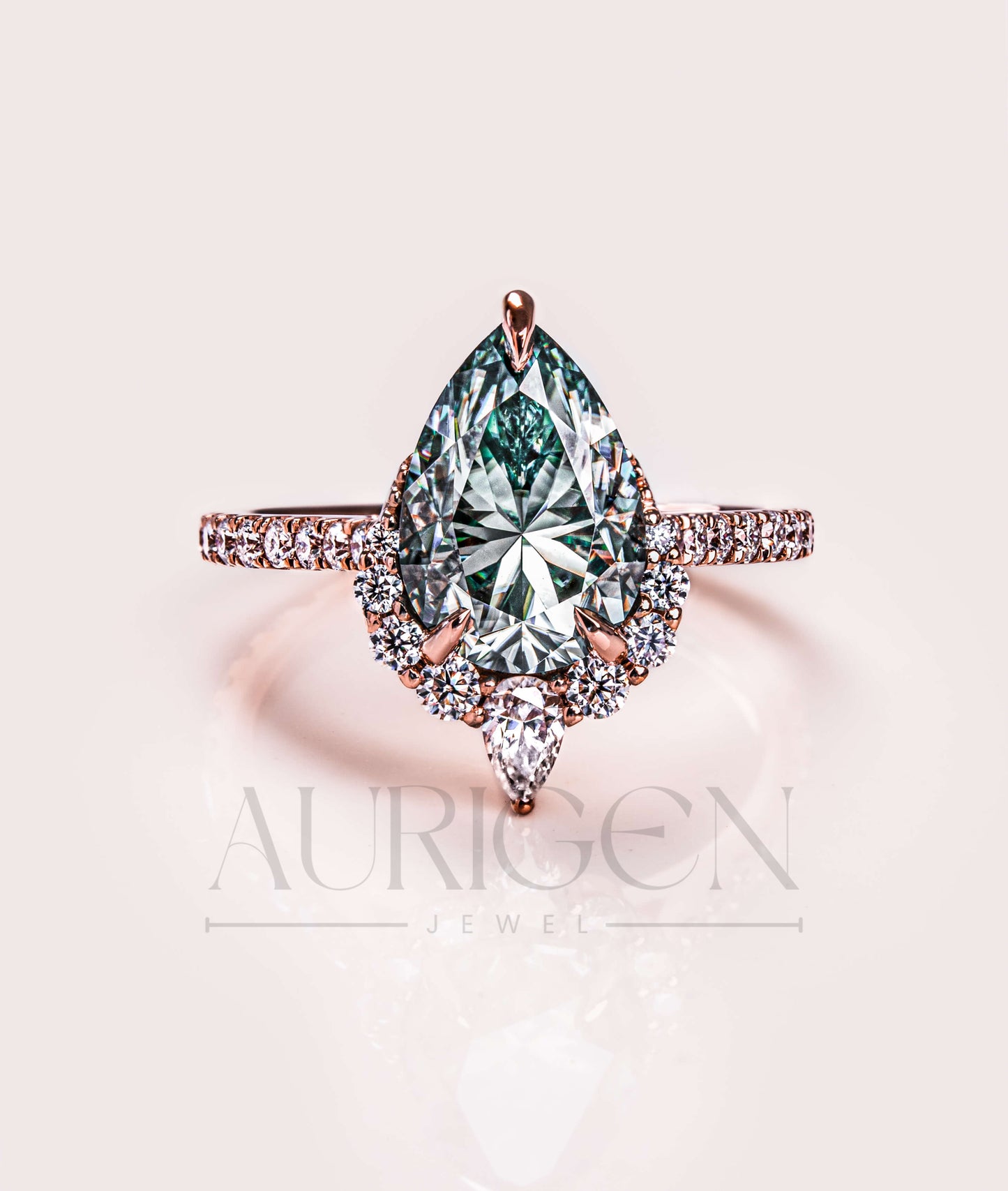 Moissanite & Lab Grown Diamond Green Pear Cut Engagement Ring With Halo and Pave