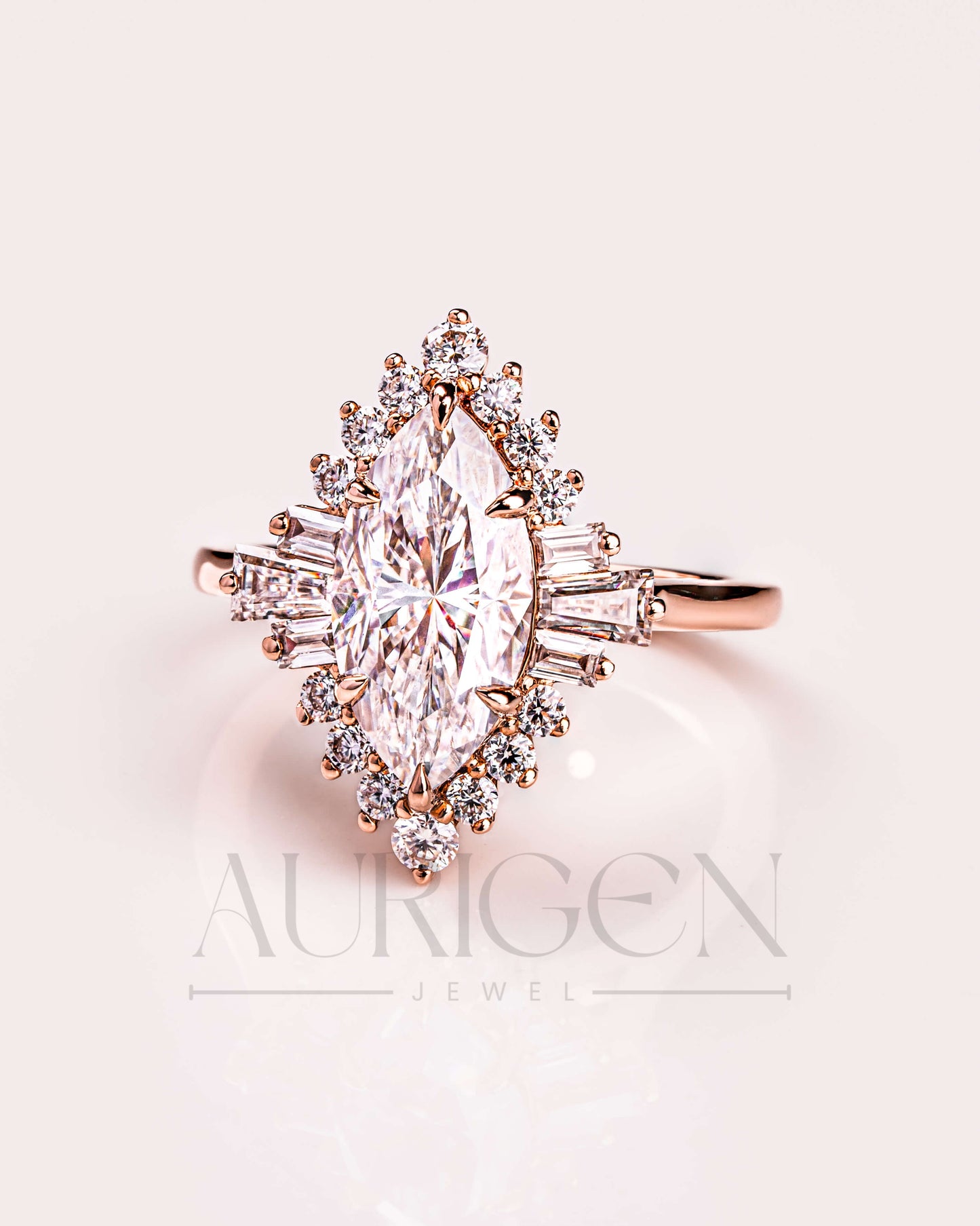 Starburst Halo Marquise Cut Engagement Ring - 14K Solid Gold