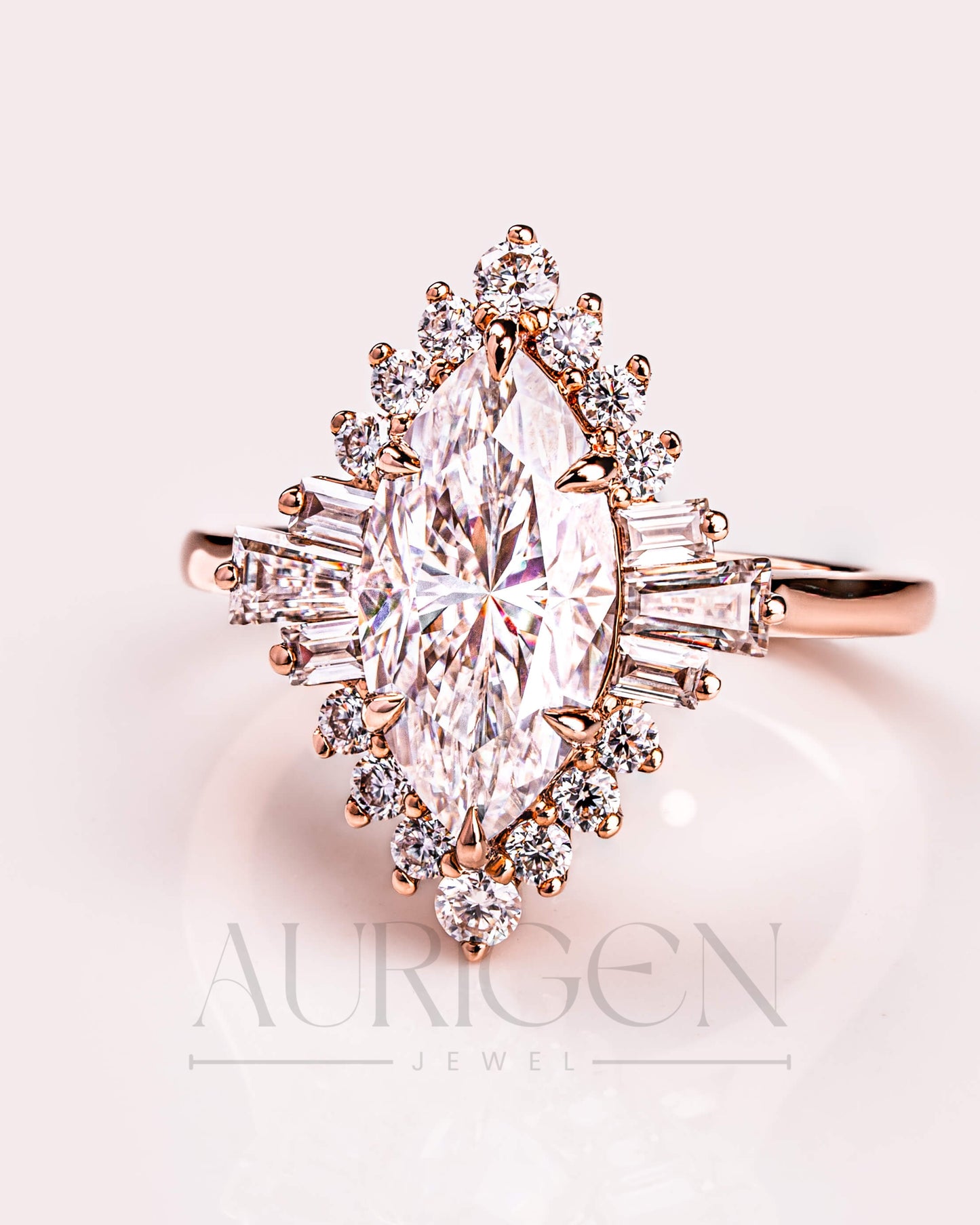 Starburst Halo Marquise Cut Engagement Ring - 14K Solid Gold
