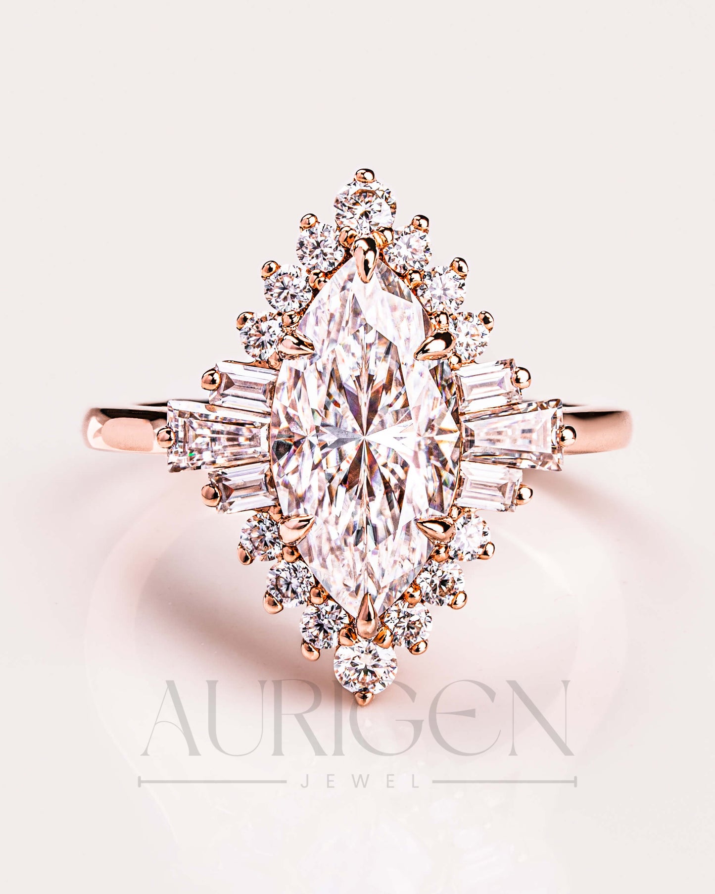 Starburst Halo Marquise Cut Engagement Ring - 14K Solid Gold