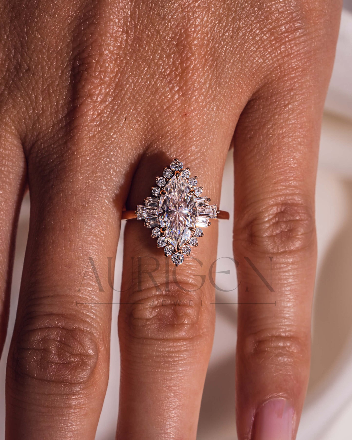 Starburst Halo Marquise Cut Engagement Ring - 14K Solid Gold
