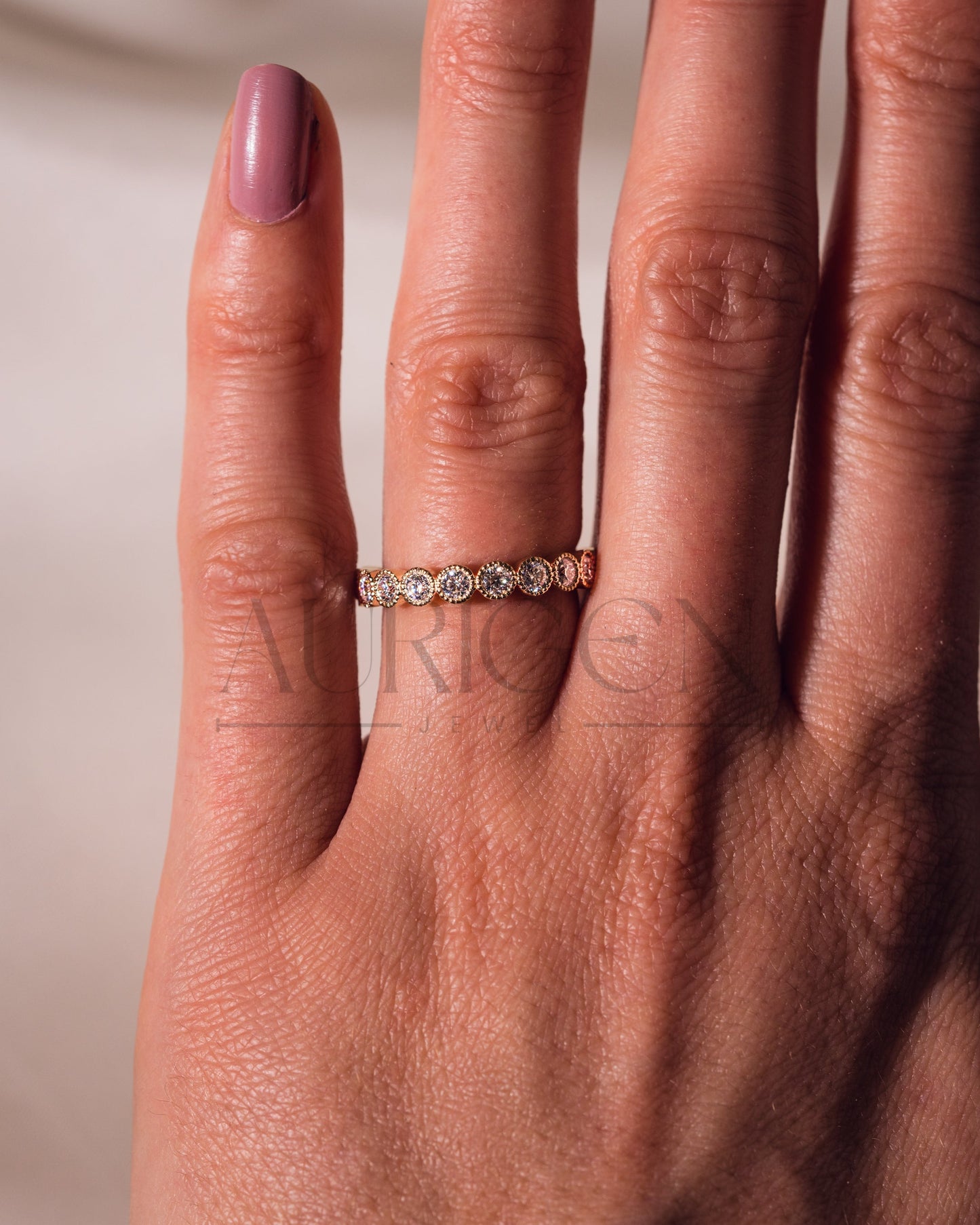 Elegant 14K Rose Gold Unique Bezel Set Round Cut Lab Grown & Moissanite Diamond Band