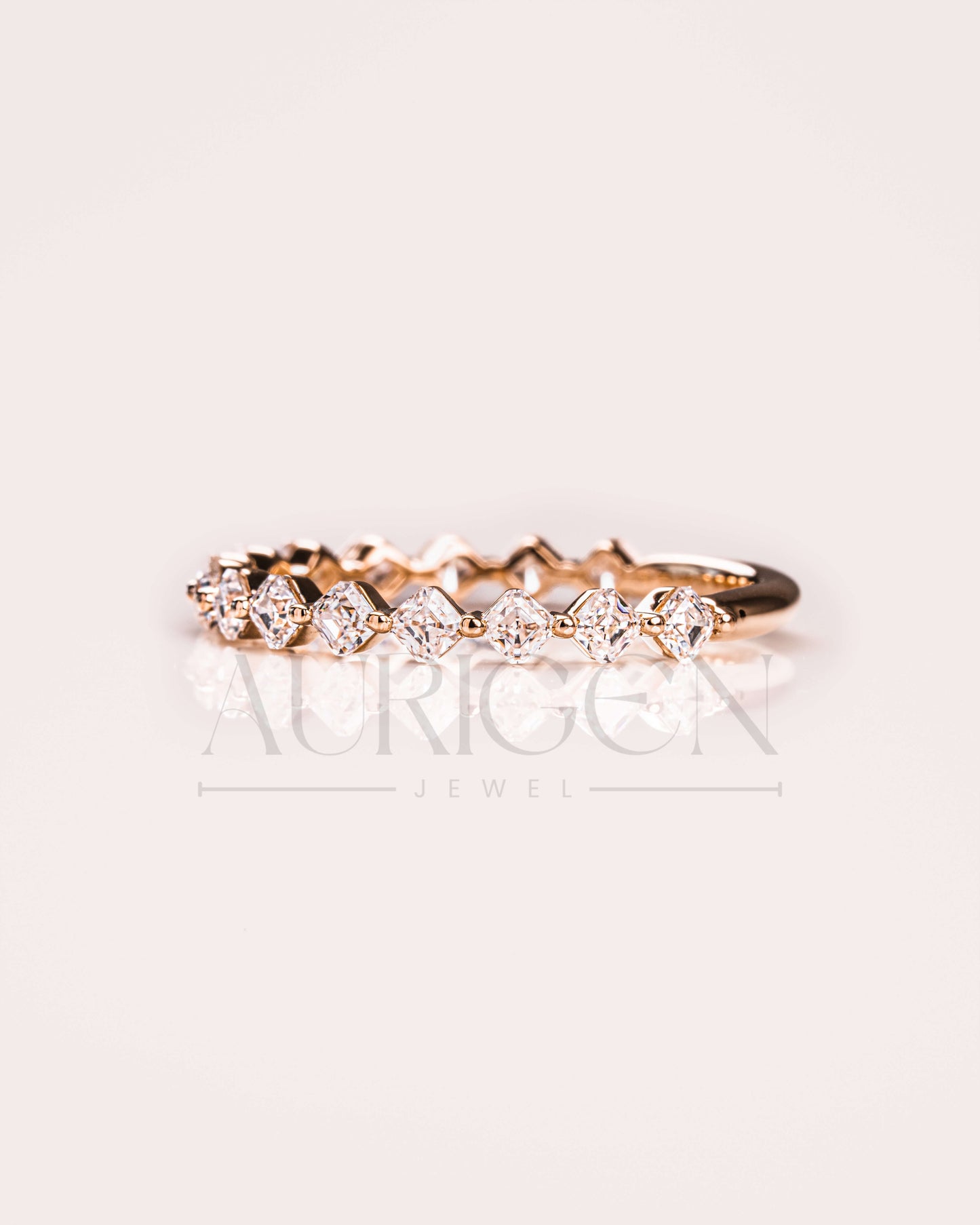 Asscher Cut Moissanite and Leb Diamond Band in 14K Solid Gold – ¾ Eternity Band