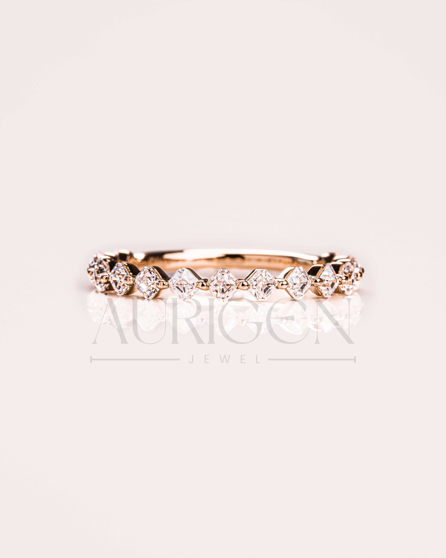 Asscher Cut Moissanite and Leb Diamond Band in 14K Solid Gold – ¾ Eternity Band