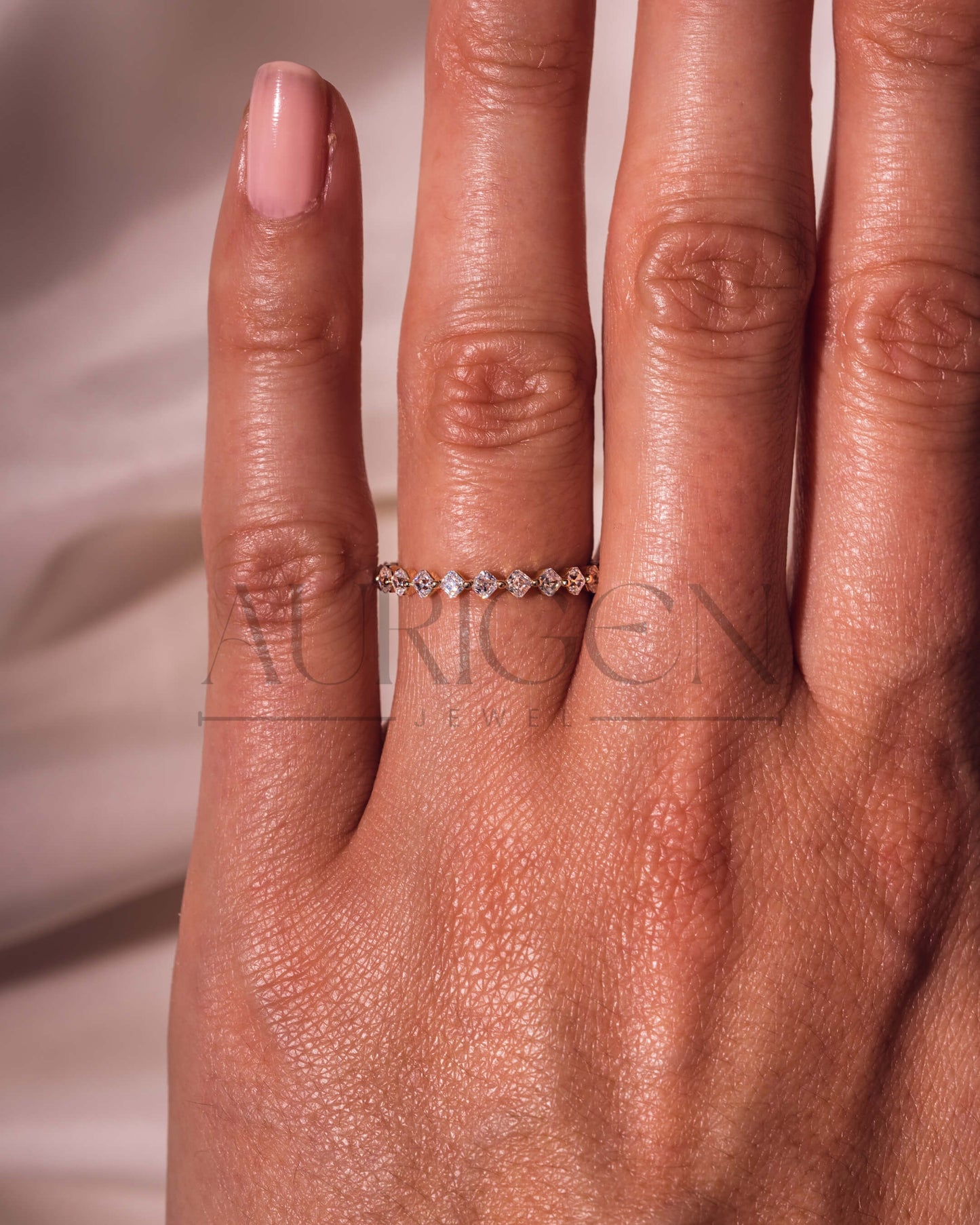 Asscher Cut Moissanite and Leb Diamond Band in 14K Solid Gold – ¾ Eternity Band