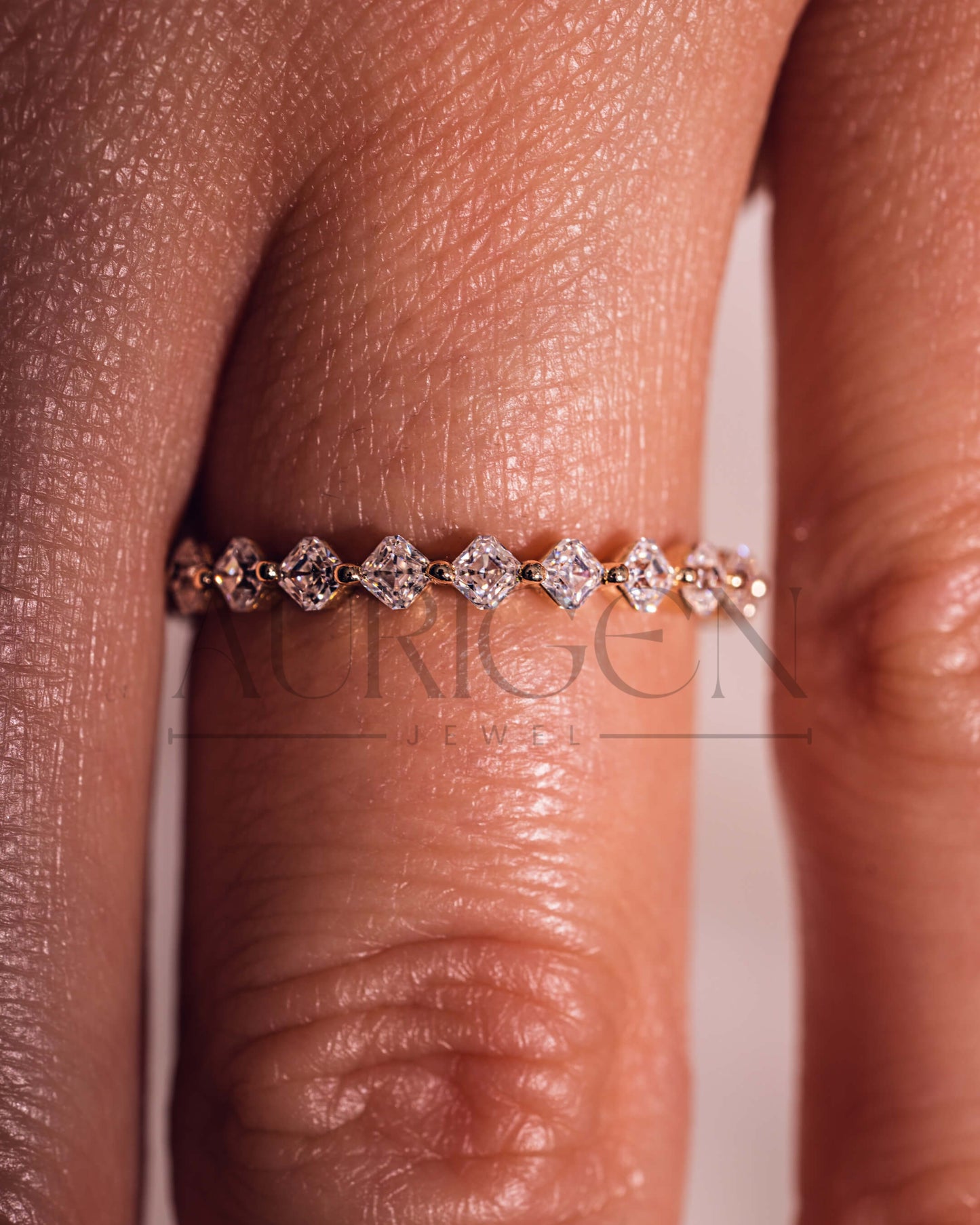 Asscher Cut Moissanite and Leb Diamond Band in 14K Solid Gold – ¾ Eternity Band