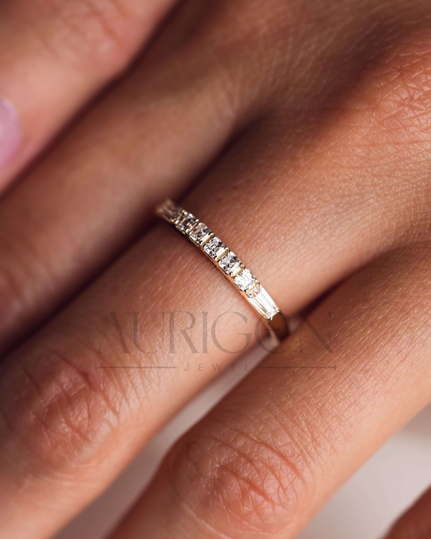 Fancy Asscher & Baguette Moissanite & Leb Diamond Band - 14k Rose Gold
