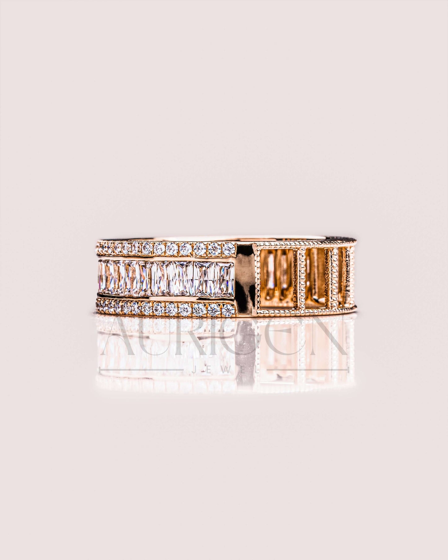 14K Yellow Gold Baguette & Round Cut Moissanite and Lab Grown Diamond Band