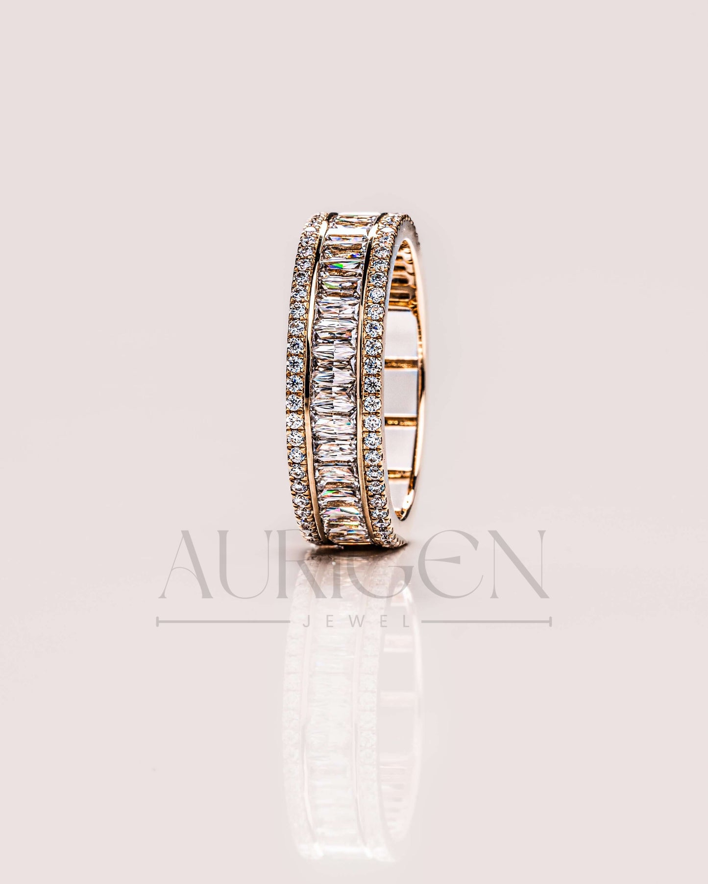 14K Yellow Gold Baguette & Round Cut Moissanite and Lab Grown Diamond Band