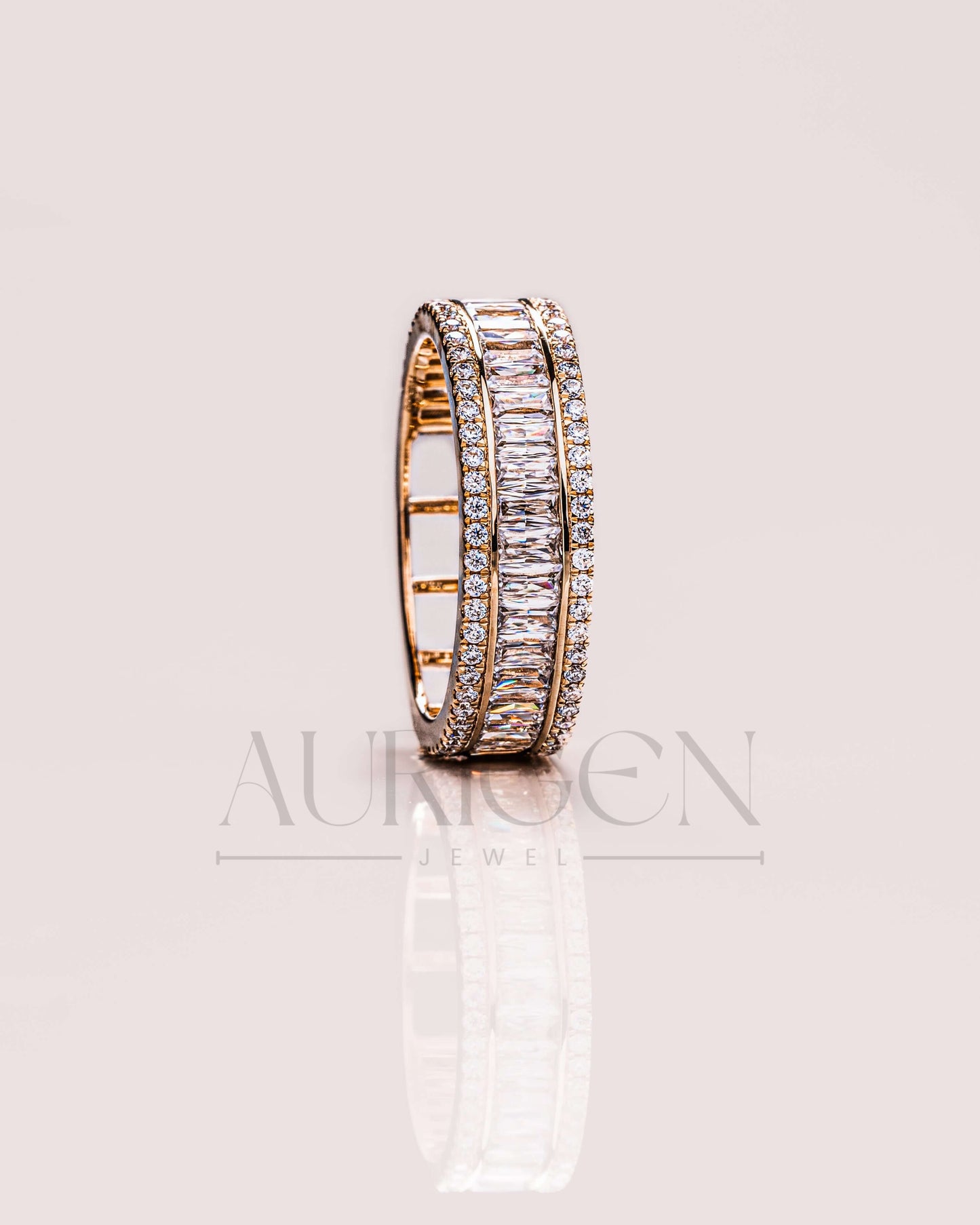 14K Yellow Gold Baguette & Round Cut Moissanite and Lab Grown Diamond Band