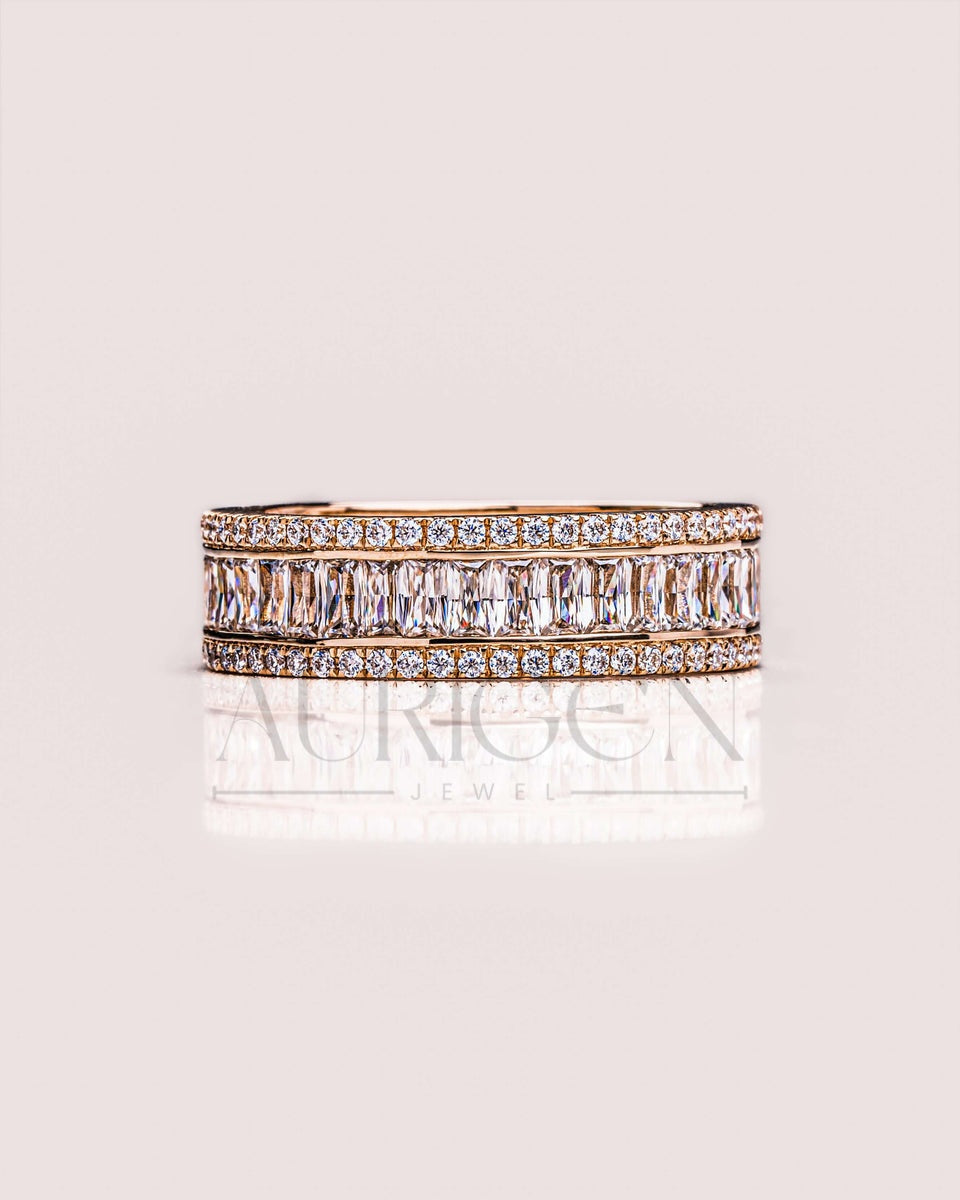 14K Yellow Gold Baguette & Round Cut Moissanite and Lab Grown Diamond Band