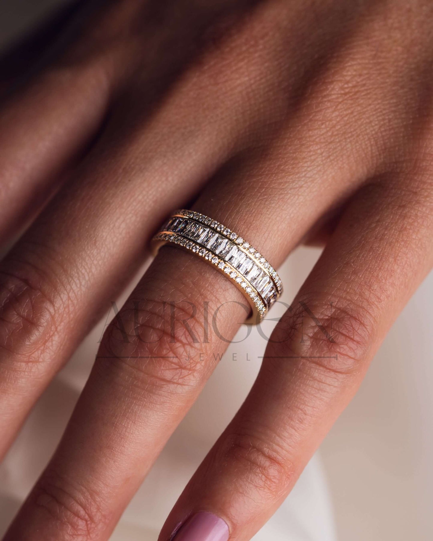 14K Yellow Gold Baguette & Round Cut Moissanite and Lab Grown Diamond Band