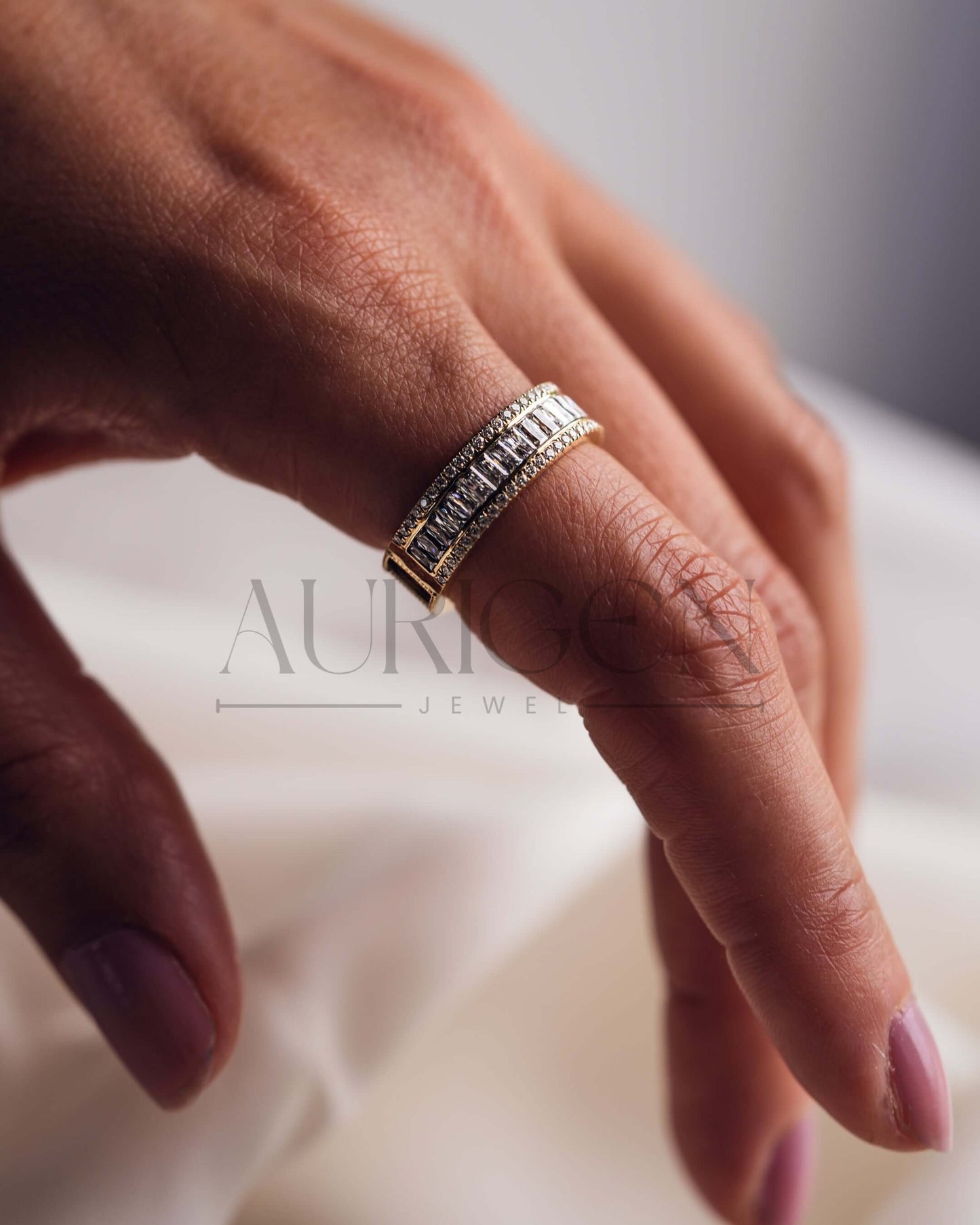14K Yellow Gold Baguette & Round Cut Moissanite and Lab Grown Diamond Band