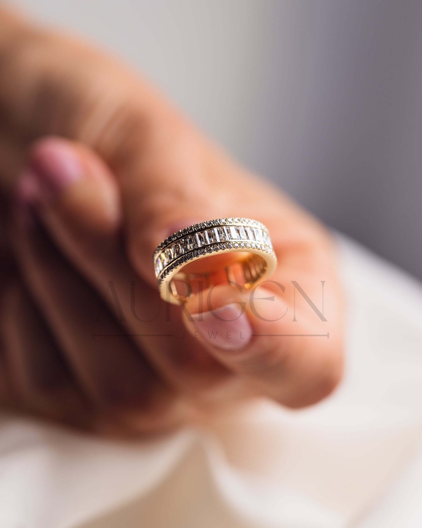 14K Yellow Gold Baguette & Round Cut Moissanite and Lab Grown Diamond Band