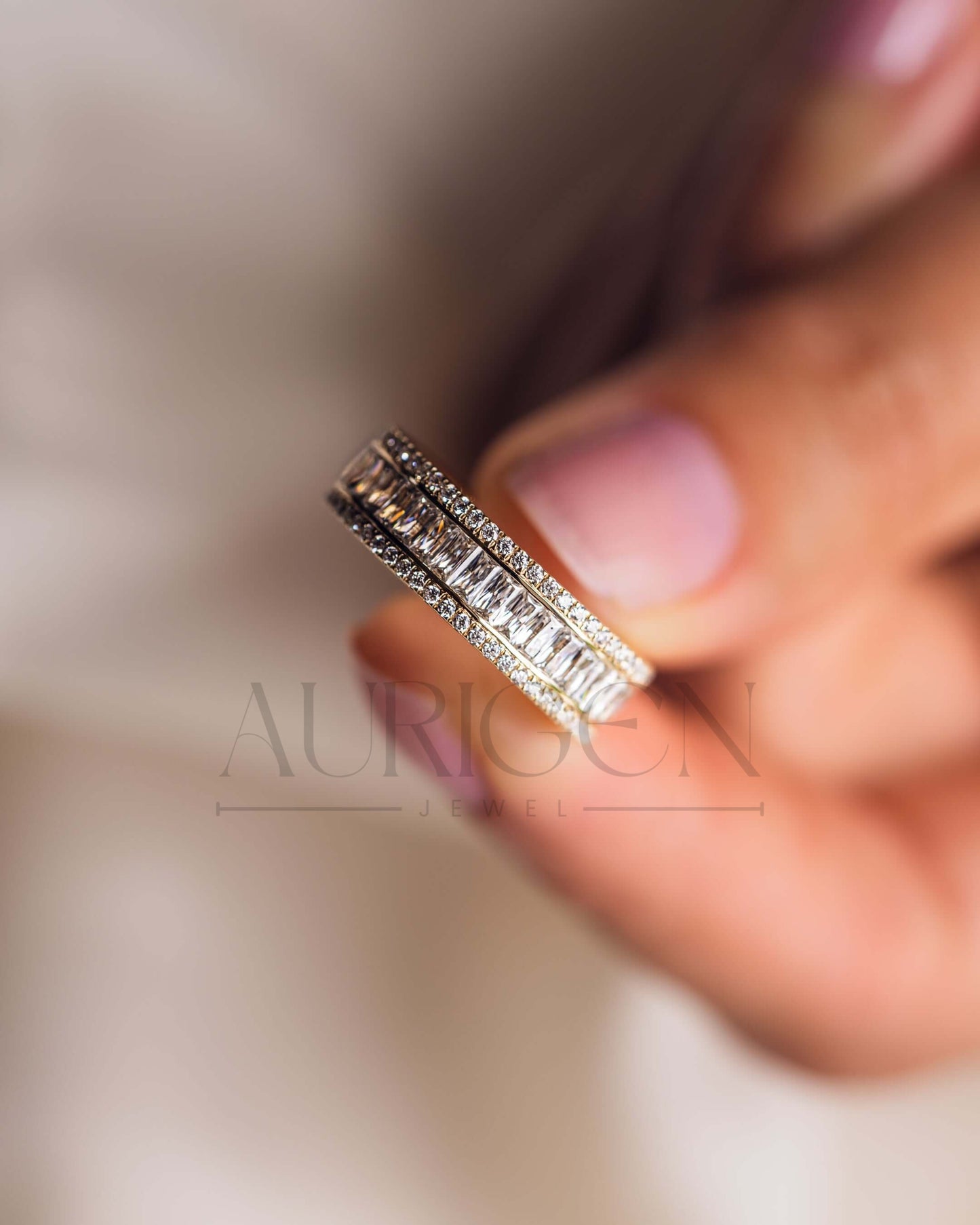 14K Yellow Gold Baguette & Round Cut Moissanite and Lab Grown Diamond Band