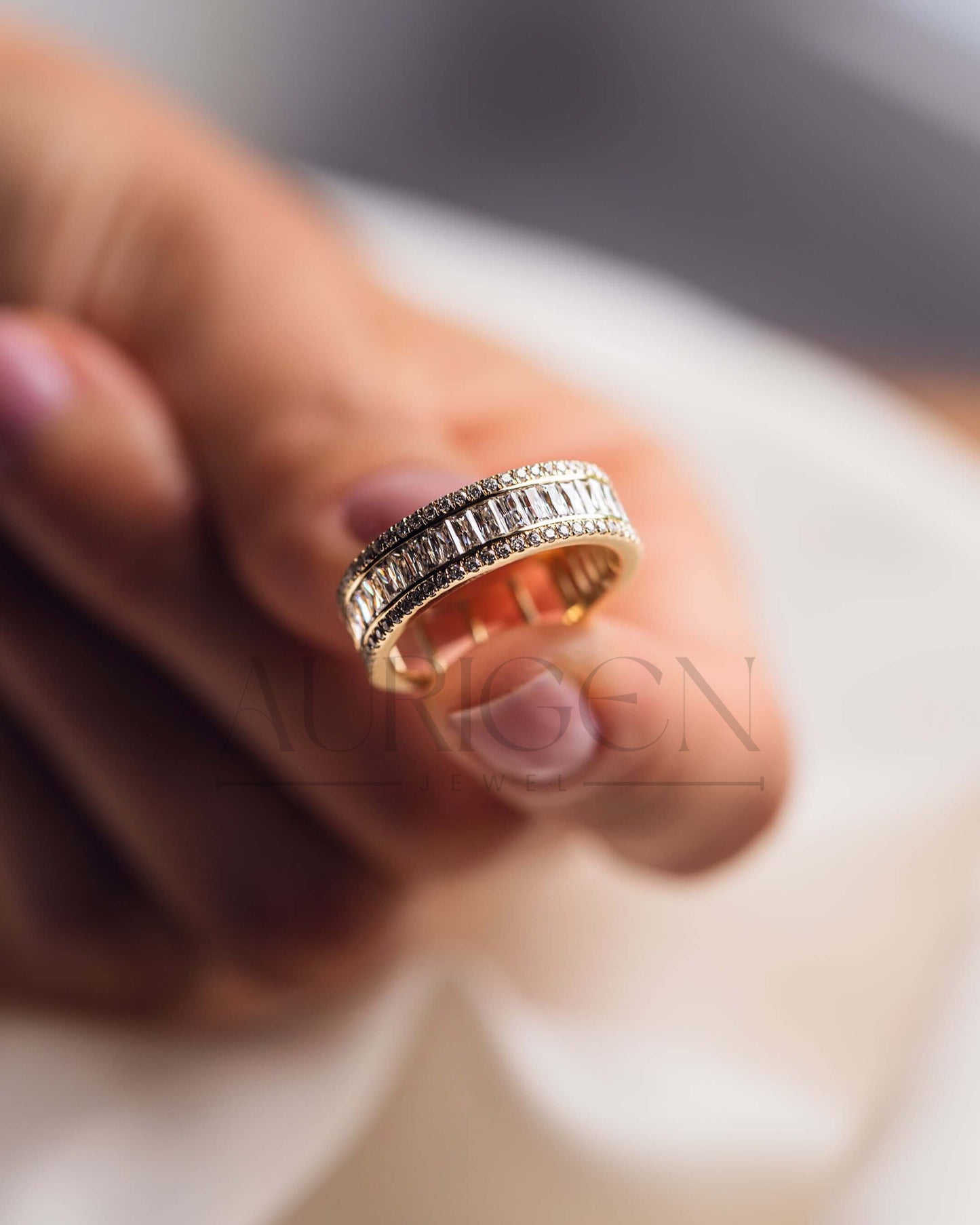 14K Yellow Gold Baguette & Round Cut Moissanite and Lab Grown Diamond Band