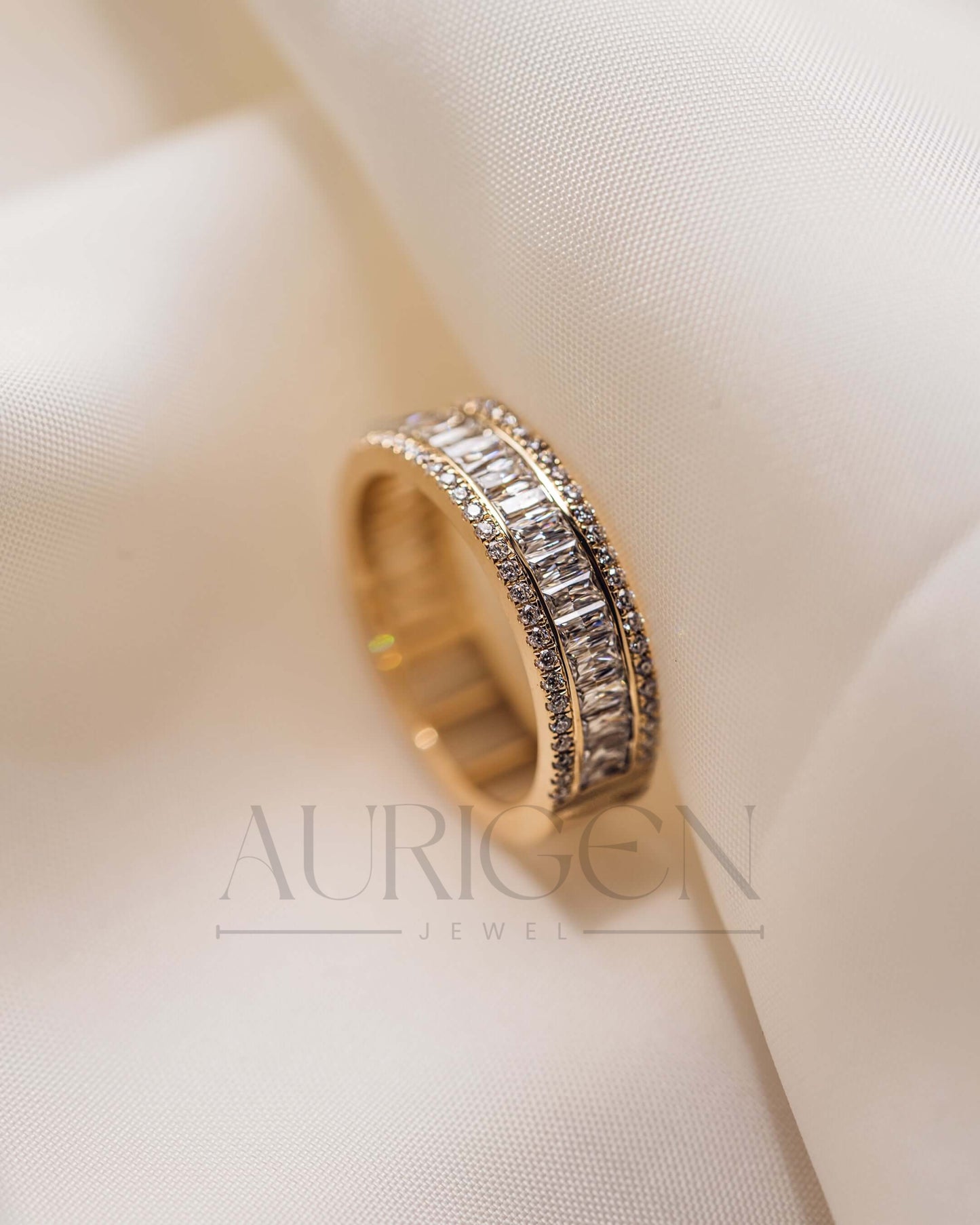 14K Yellow Gold Baguette & Round Cut Moissanite and Lab Grown Diamond Band